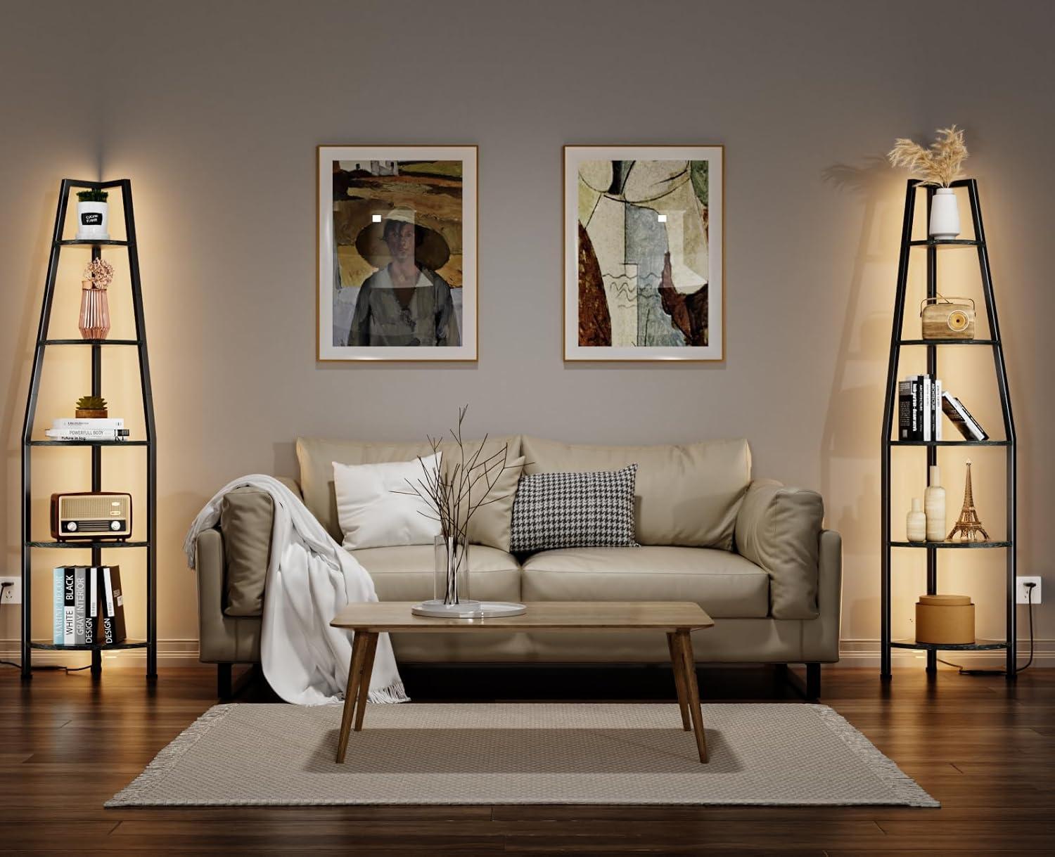 imageFurnulem 5 Tier Corner Shelf with LED Light 672 Tall Standing Shelf for Wall Corner Narrow Bookshelf Ladder Shelf for Bedroom Living Room Plant Wood Storage Rack Metal Frame WhiteBlack Oak