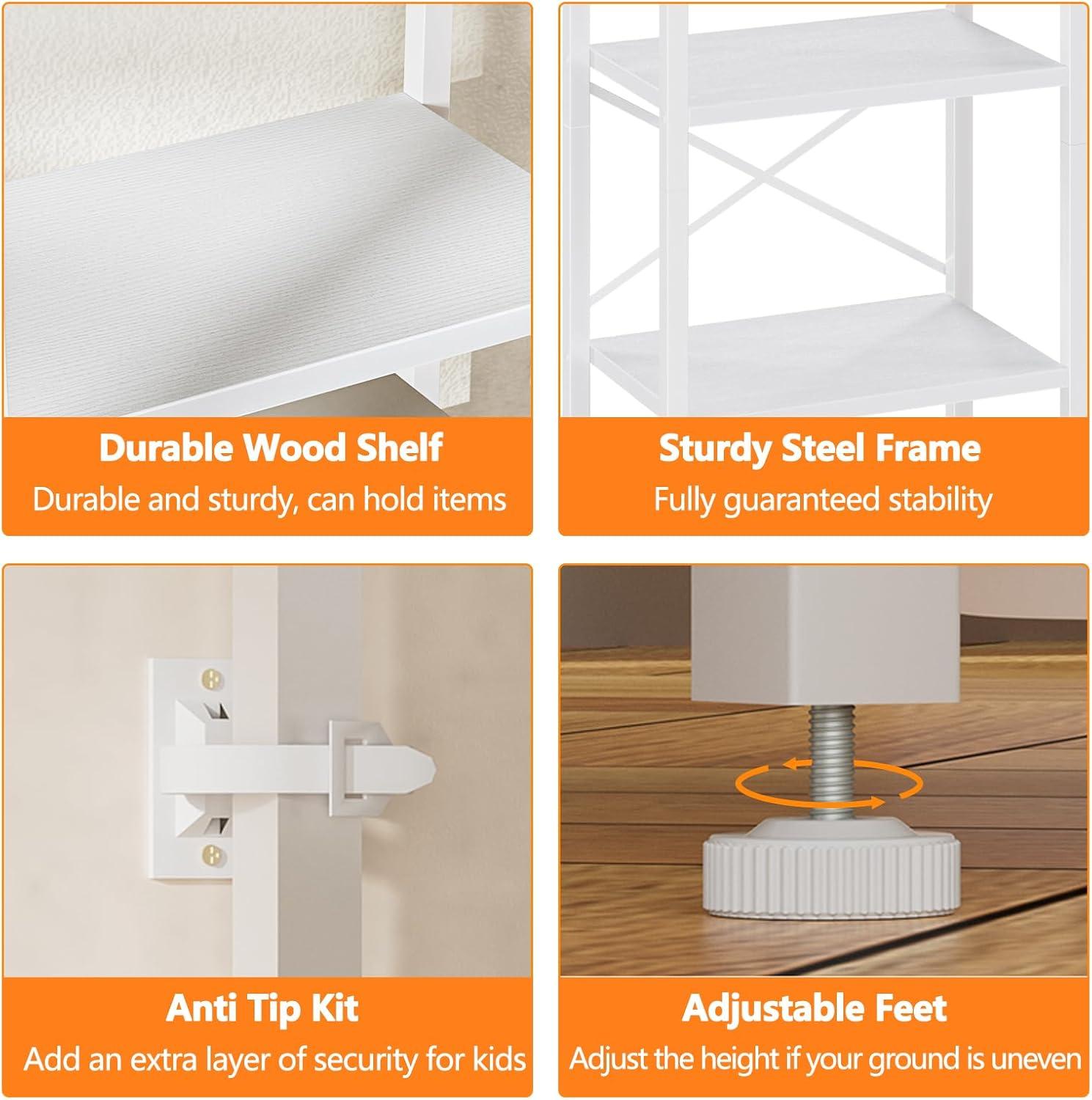 imageFurnulem 5Tier Corner Shelf Narrow Bookshelf with 2 Storage Drawers 6516quot Tall Bookcase Standing Shelf Organizer Unit for Living Room Bedroom Metal Frame Wood Display ShelfBlack OakWhite