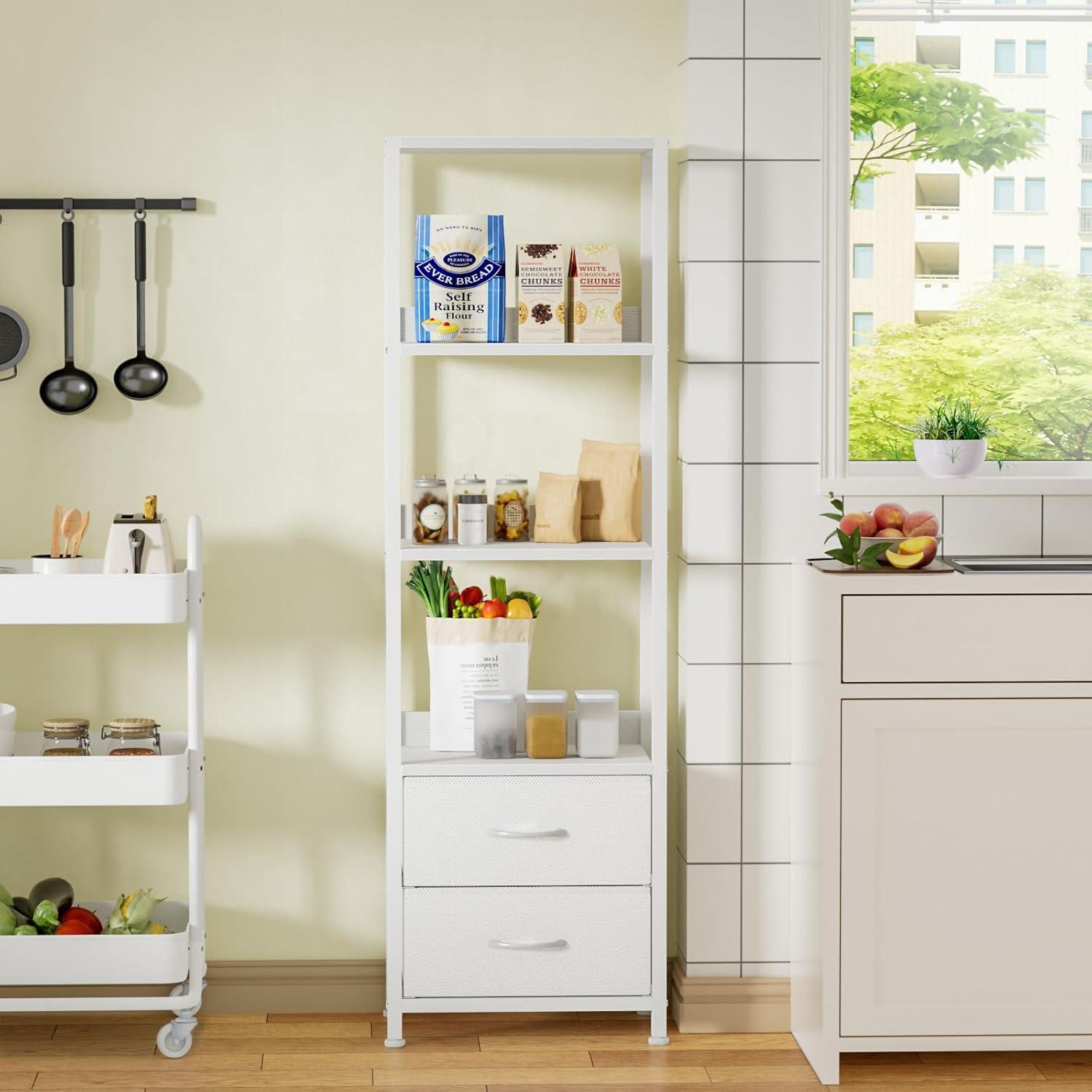 imageFurnulem 5Tier Corner Shelf Narrow Bookshelf with 2 Storage Drawers 6516quot Tall Bookcase Standing Shelf Organizer Unit for Living Room Bedroom Metal Frame Wood Display ShelfBlack OakWhite