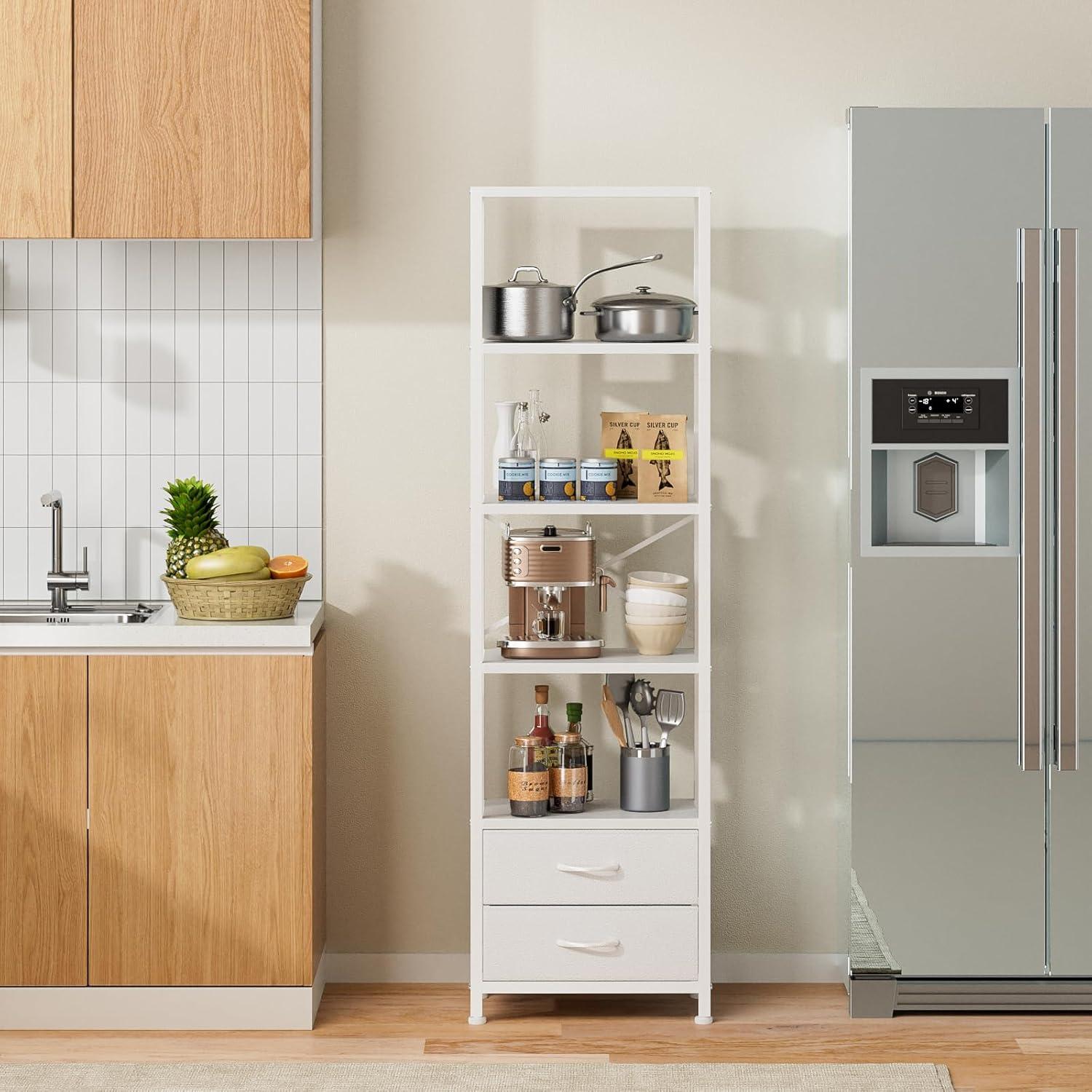 imageFurnulem 5Tier Corner Shelf Narrow Bookshelf with 2 Storage Drawers 6516quot Tall Bookcase Standing Shelf Organizer Unit for Living Room Bedroom Metal Frame Wood Display ShelfBlack OakWhite