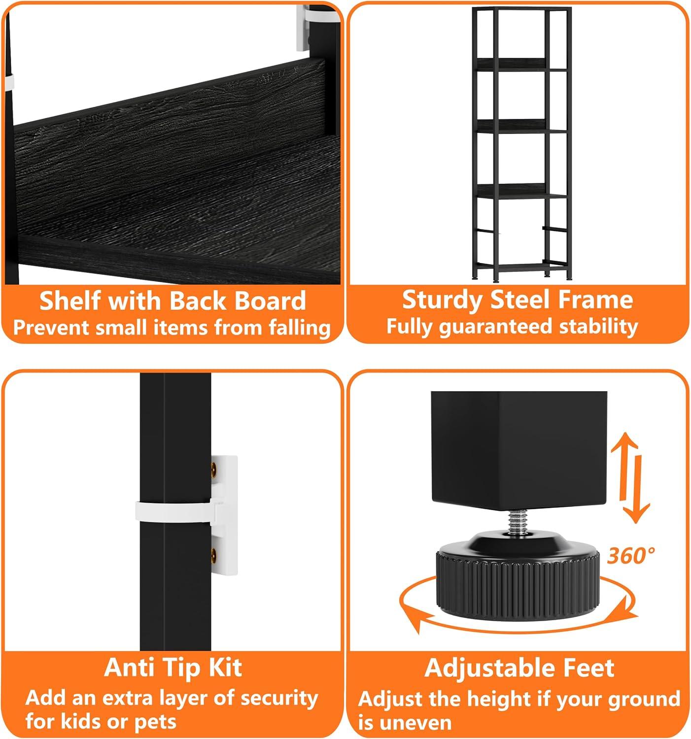 imageFurnulem 5Tier Corner Shelf Narrow Bookshelf with 2 Storage Drawers 6516quot Tall Bookcase Standing Shelf Organizer Unit for Living Room Bedroom Metal Frame Wood Display ShelfBlack OakBlack Oak