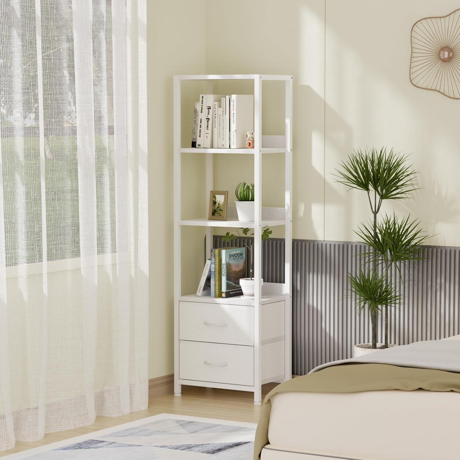 imageFurnulem 5Tier Corner Shelf Narrow Bookshelf with 2 Storage Drawers 6516quot Tall Bookcase Standing Shelf Organizer Unit for Living Room Bedroom Metal Frame Wood Display ShelfBlack OakWhite