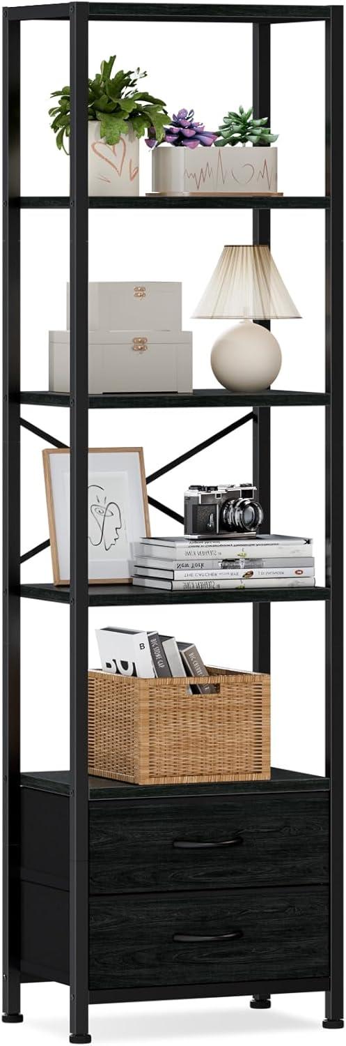 imageFurnulem 5Tier Corner Shelf Narrow Bookshelf with 2 Storage Drawers 6516quot Tall Bookcase Standing Shelf Organizer Unit for Living Room Bedroom Metal Frame Wood Display ShelfBlack OakBlack Oak