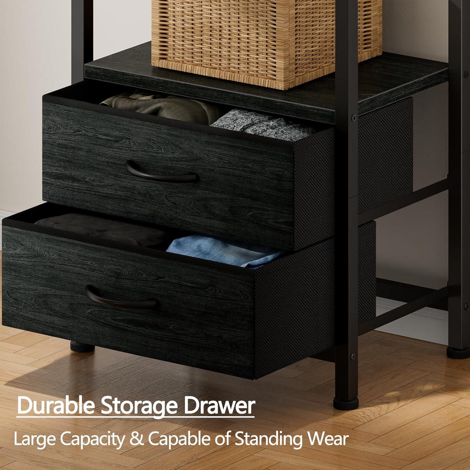 imageFurnulem 5Tier Corner Shelf Narrow Bookshelf with 2 Storage Drawers 6516quot Tall Bookcase Standing Shelf Organizer Unit for Living Room Bedroom Metal Frame Wood Display ShelfBlack OakBlack Oak