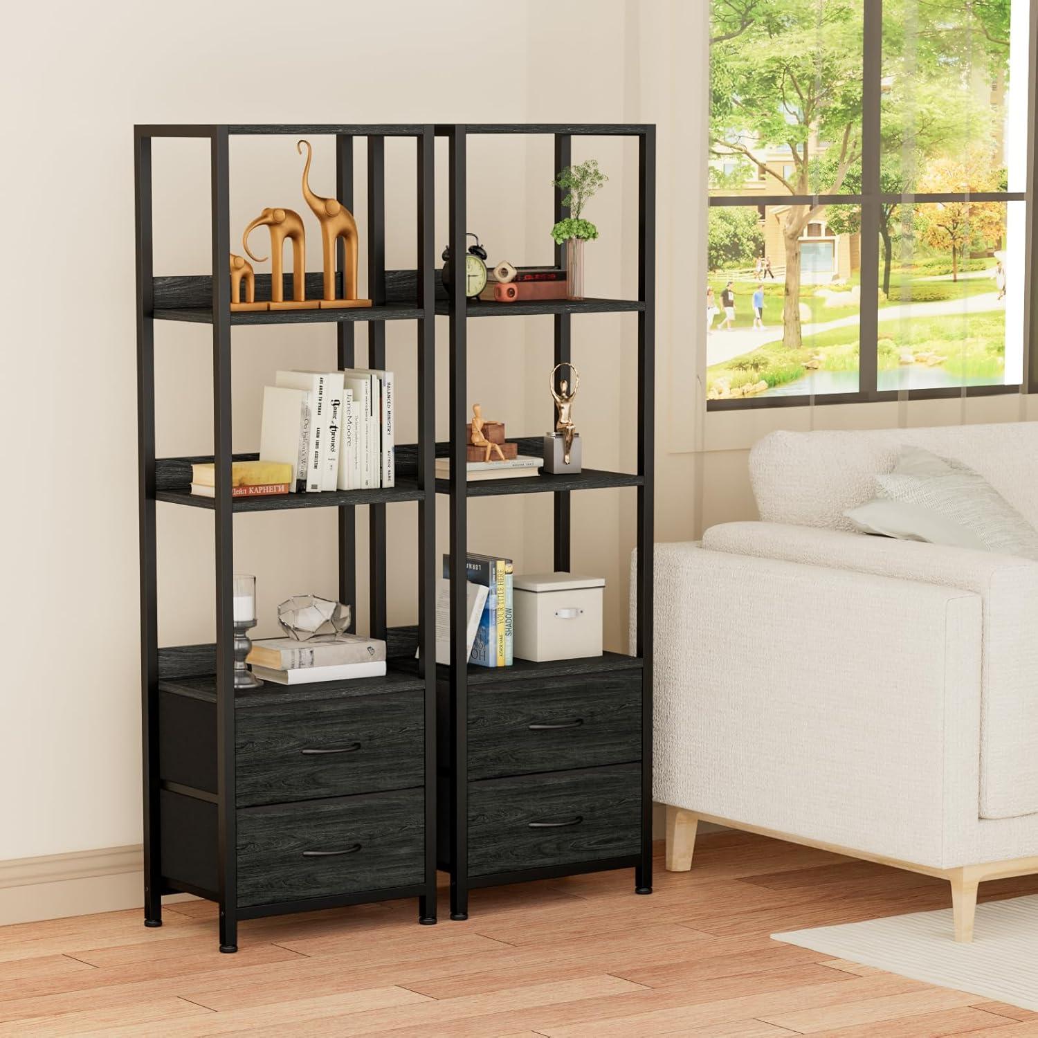 imageFurnulem 5Tier Corner Shelf Narrow Bookshelf with 2 Storage Drawers 6516quot Tall Bookcase Standing Shelf Organizer Unit for Living Room Bedroom Metal Frame Wood Display ShelfBlack OakBlack Oak