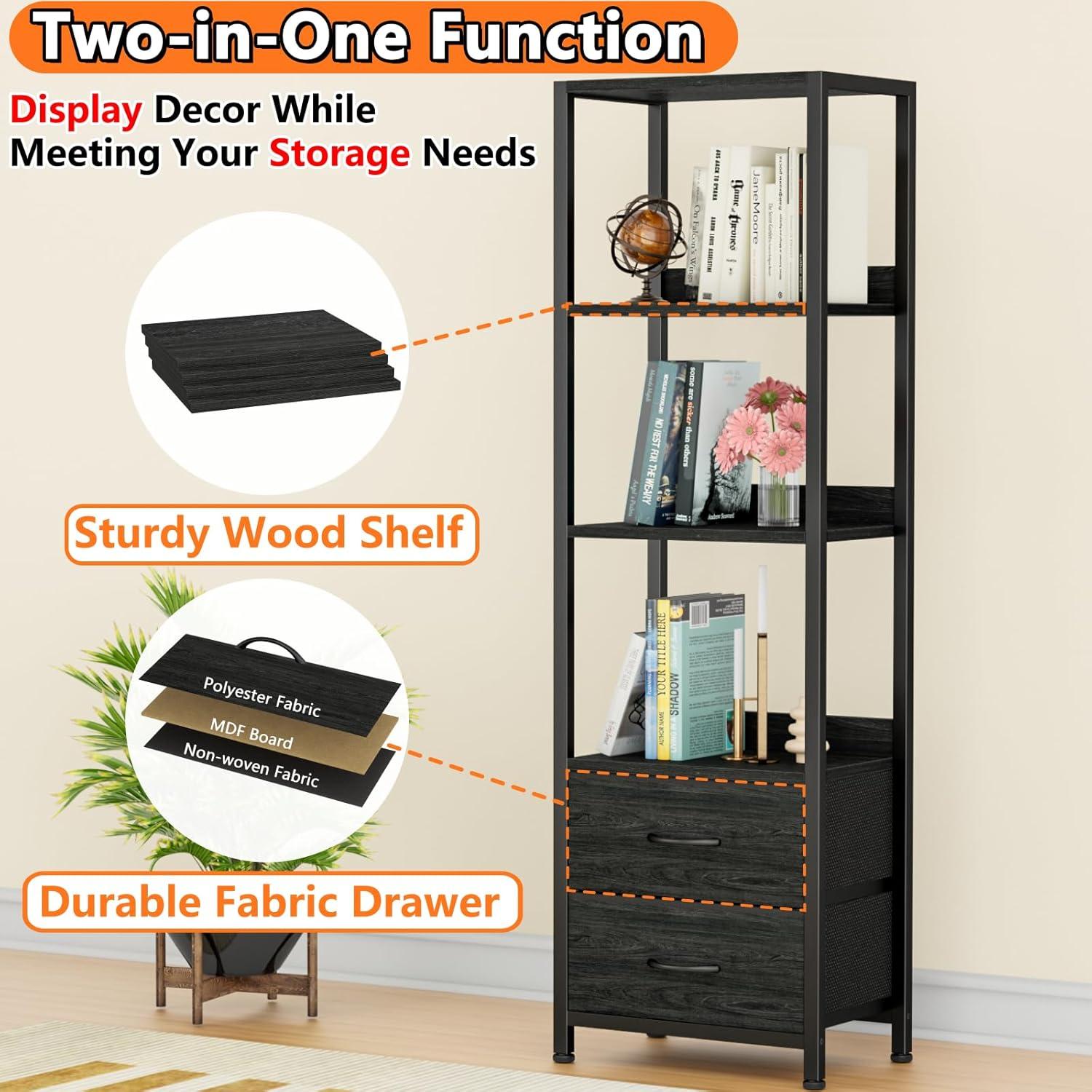 imageFurnulem 5Tier Corner Shelf Narrow Bookshelf with 2 Storage Drawers 6516quot Tall Bookcase Standing Shelf Organizer Unit for Living Room Bedroom Metal Frame Wood Display ShelfBlack OakBlack Oak