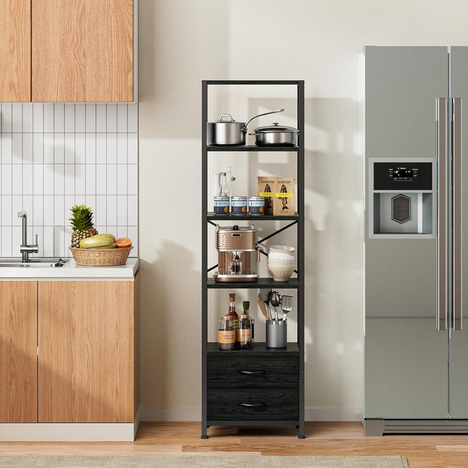 imageFurnulem 5Tier Corner Shelf Narrow Bookshelf with 2 Storage Drawers 6516quot Tall Bookcase Standing Shelf Organizer Unit for Living Room Bedroom Metal Frame Wood Display ShelfBlack OakBlack Oak