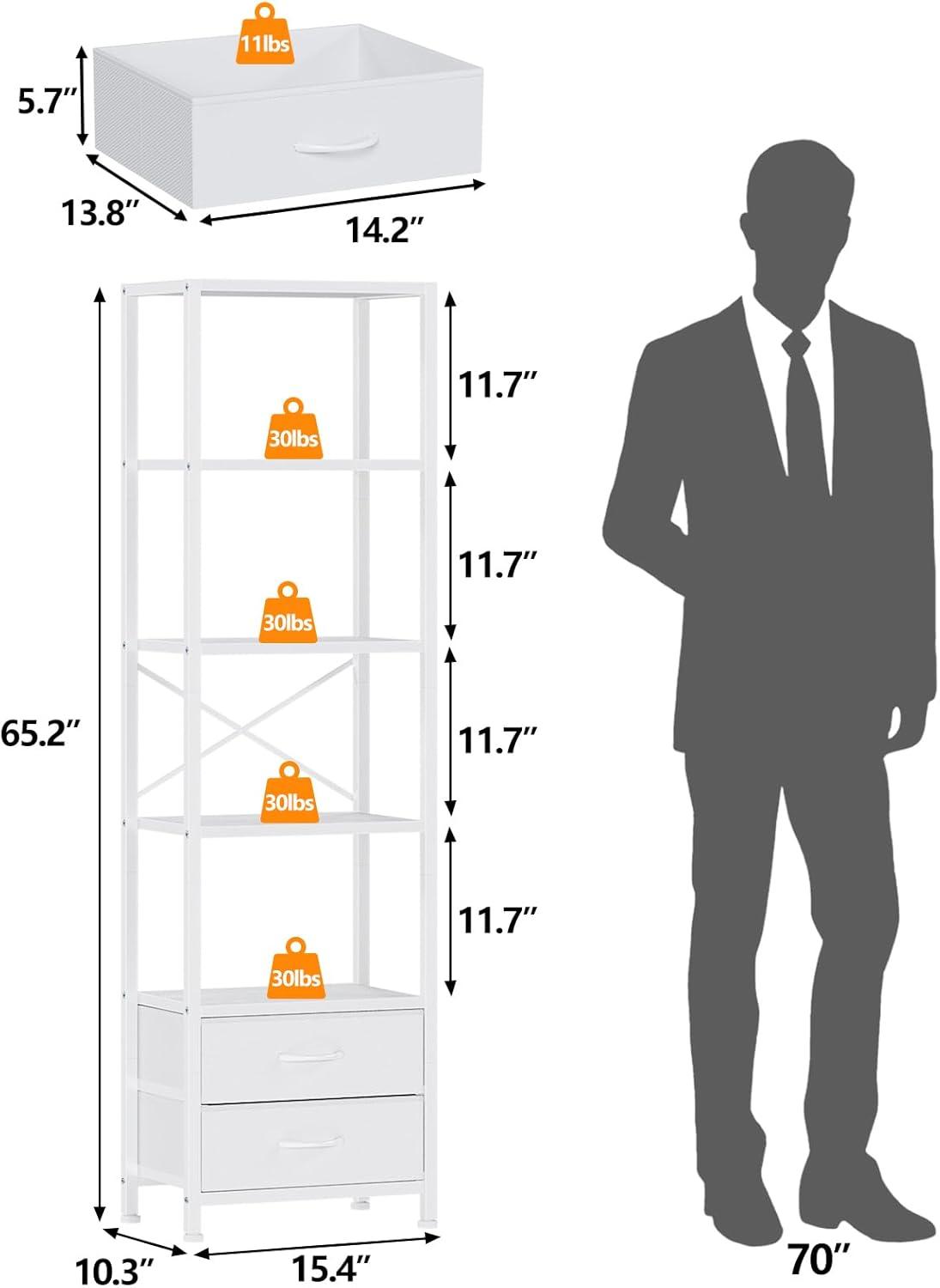 imageFurnulem 5Tier Corner Shelf Narrow Bookshelf with 2 Storage Drawers 6516quot Tall Bookcase Standing Shelf Organizer Unit for Living Room Bedroom Metal Frame Wood Display ShelfBlack OakWhite