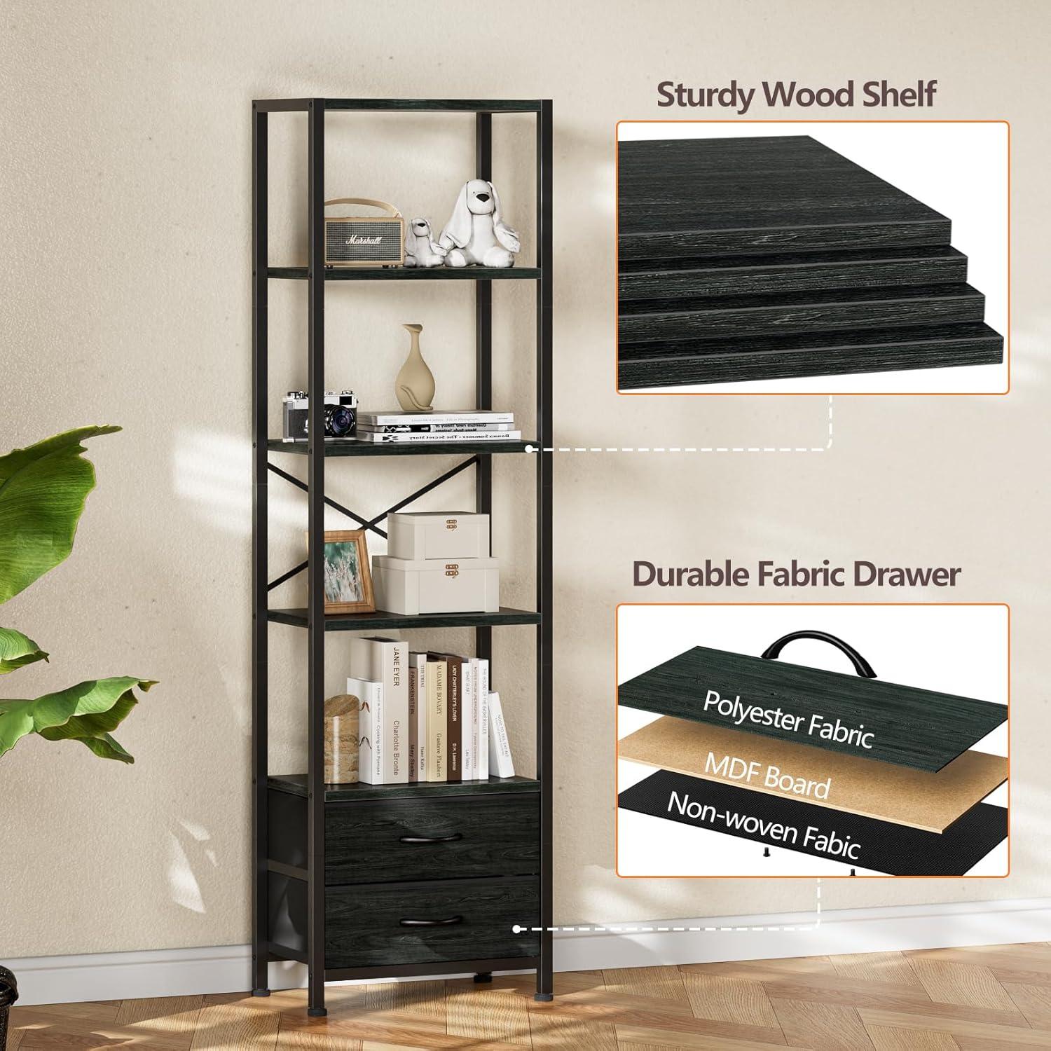 imageFurnulem 5Tier Corner Shelf Narrow Bookshelf with 2 Storage Drawers 6516quot Tall Bookcase Standing Shelf Organizer Unit for Living Room Bedroom Metal Frame Wood Display ShelfBlack OakBlack Oak