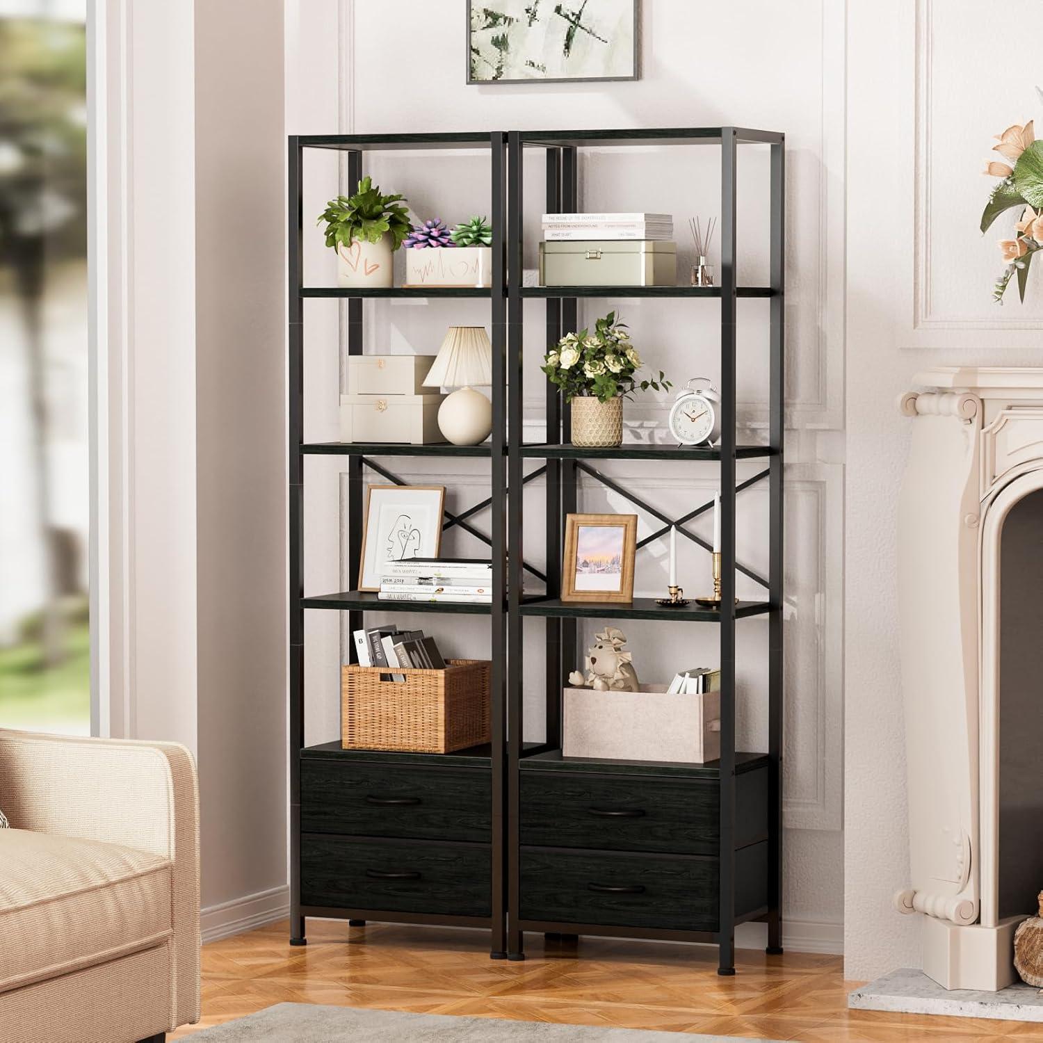 imageFurnulem 5Tier Corner Shelf Narrow Bookshelf with 2 Storage Drawers 6516quot Tall Bookcase Standing Shelf Organizer Unit for Living Room Bedroom Metal Frame Wood Display ShelfBlack OakBlack Oak