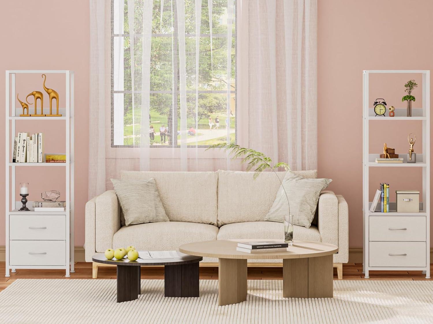 imageFurnulem 5Tier Corner Shelf Narrow Bookshelf with 2 Storage Drawers 6516quot Tall Bookcase Standing Shelf Organizer Unit for Living Room Bedroom Metal Frame Wood Display ShelfBlack OakWhite