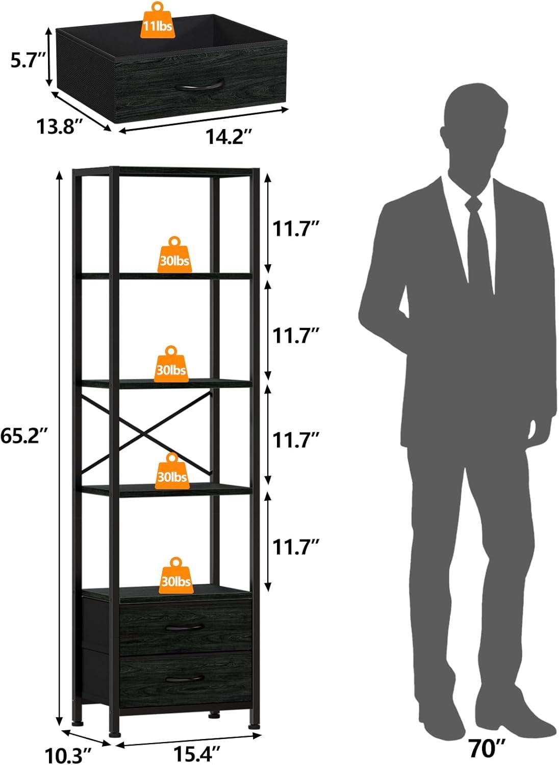 imageFurnulem 5Tier Corner Shelf Narrow Bookshelf with 2 Storage Drawers 6516quot Tall Bookcase Standing Shelf Organizer Unit for Living Room Bedroom Metal Frame Wood Display ShelfBlack OakBlack Oak