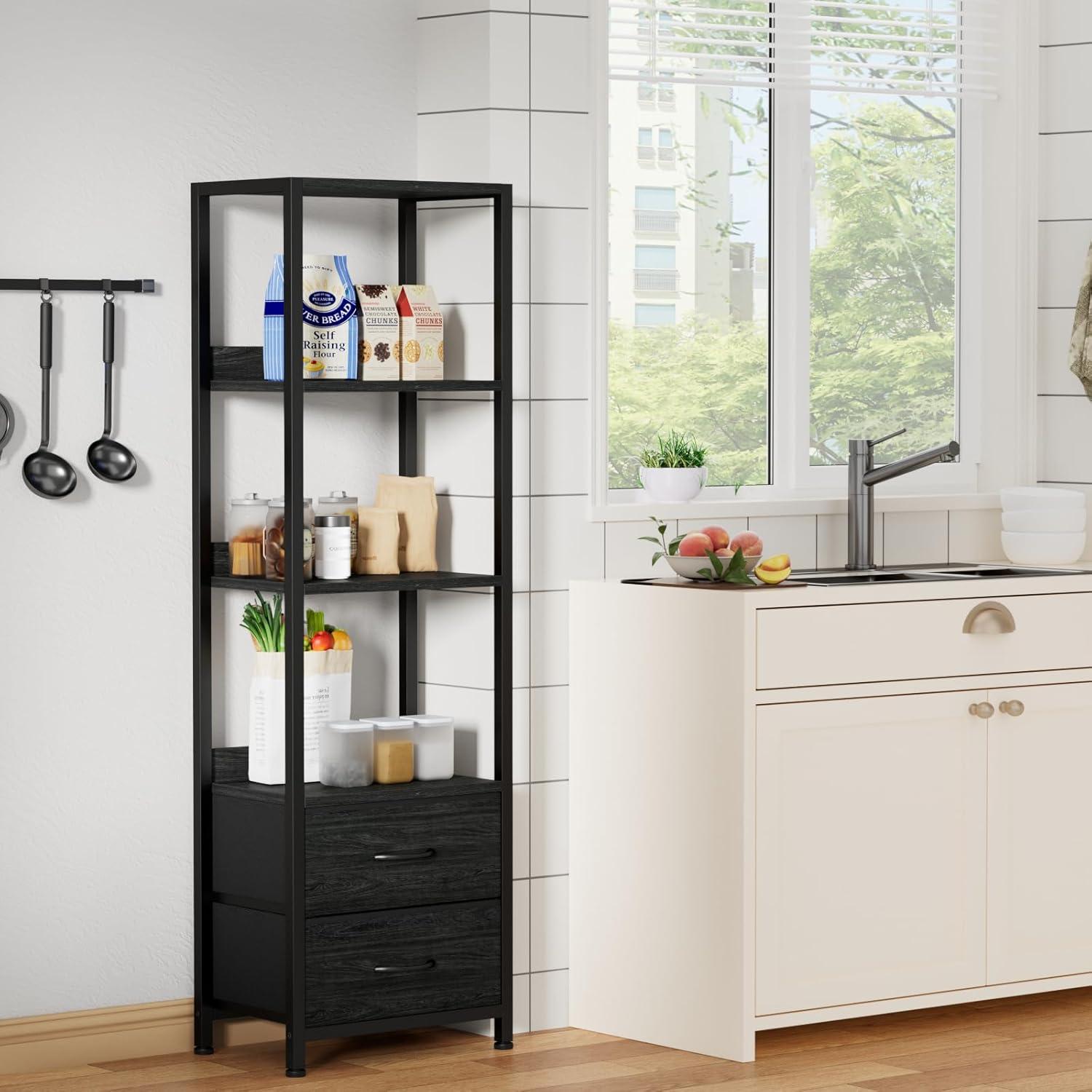 imageFurnulem 5Tier Corner Shelf Narrow Bookshelf with 2 Storage Drawers 6516quot Tall Bookcase Standing Shelf Organizer Unit for Living Room Bedroom Metal Frame Wood Display ShelfBlack OakBlack Oak