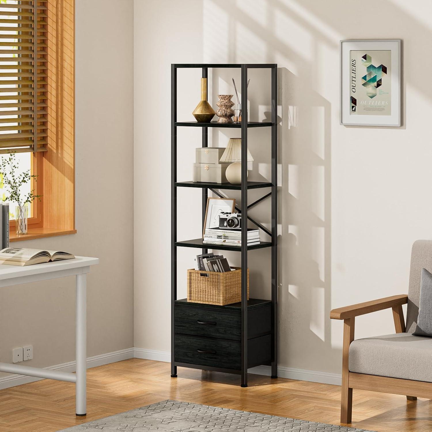 imageFurnulem 5Tier Corner Shelf Narrow Bookshelf with 2 Storage Drawers 6516quot Tall Bookcase Standing Shelf Organizer Unit for Living Room Bedroom Metal Frame Wood Display ShelfBlack OakBlack Oak
