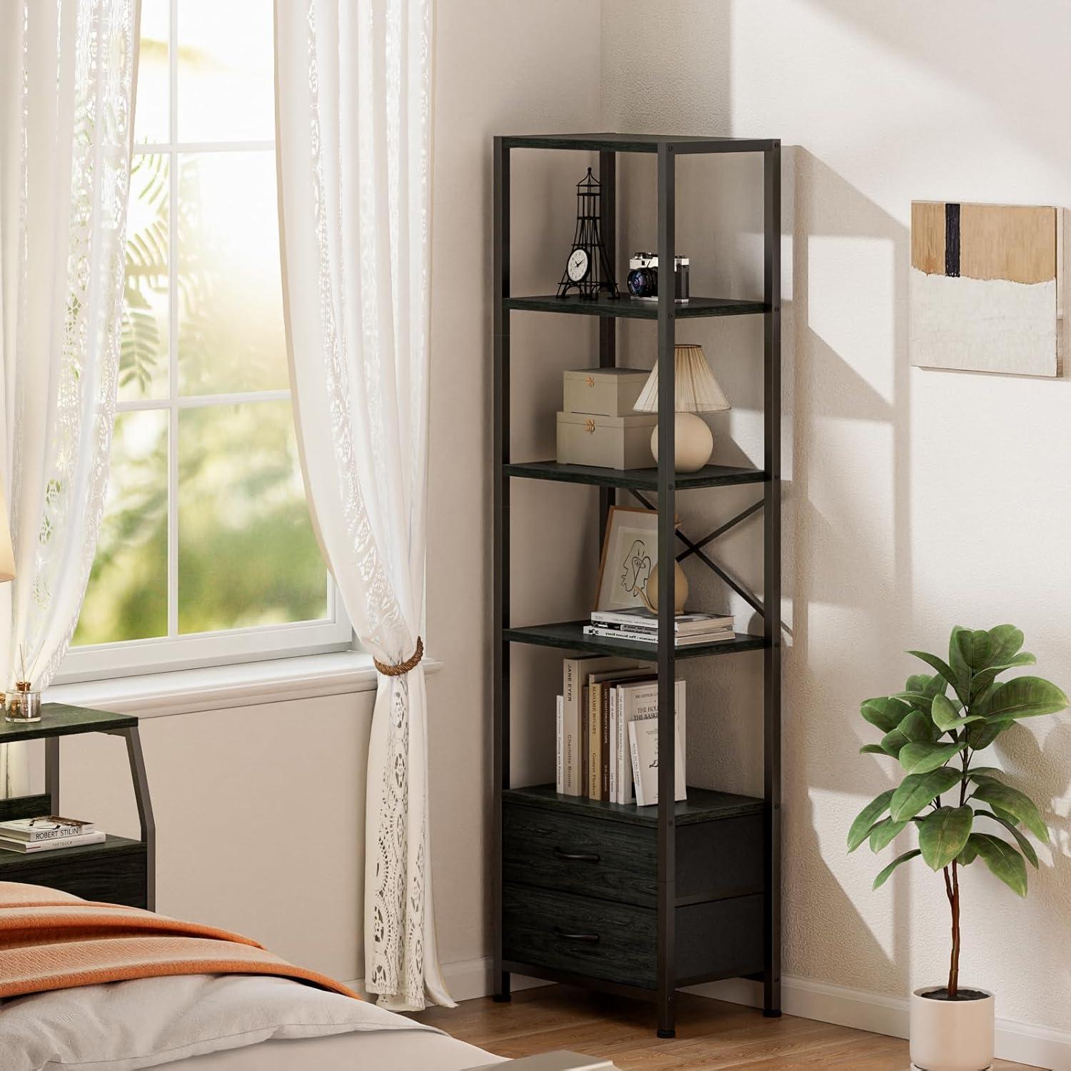 imageFurnulem 5Tier Corner Shelf Narrow Bookshelf with 2 Storage Drawers 6516quot Tall Bookcase Standing Shelf Organizer Unit for Living Room Bedroom Metal Frame Wood Display ShelfBlack OakBlack Oak