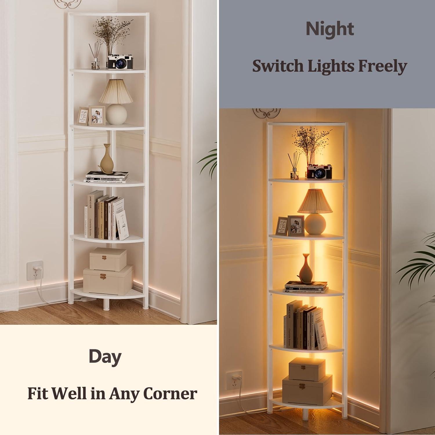 imageFurnulem 6 Tier Corner Shelf with LED Light 675 Tall Standing Shelf Organizer White Narrow Bookshelf with Storage Rack for Wall Corner Living Room Bedroom Metal Frame Wood Display ShelfWhite