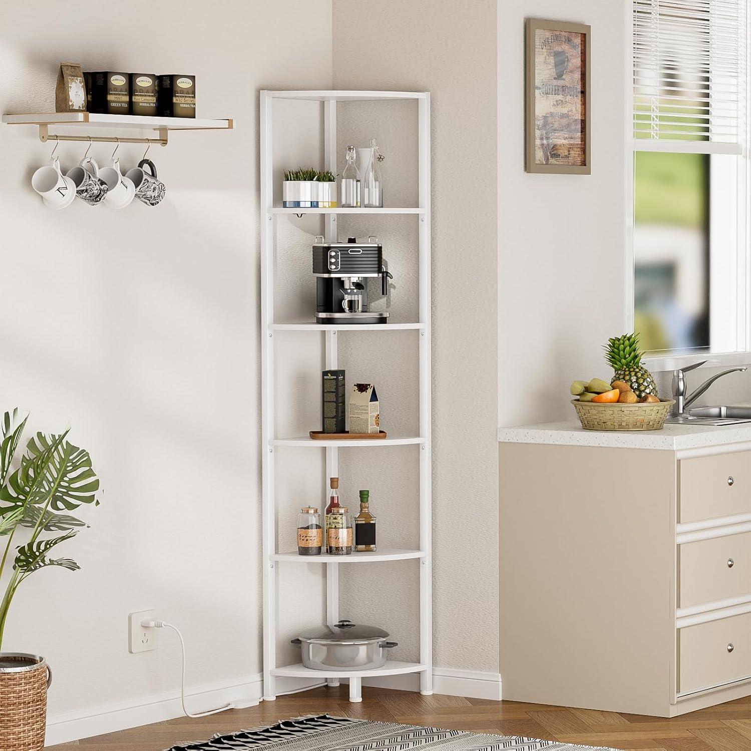 imageFurnulem 6 Tier Corner Shelf with LED Light 675 Tall Standing Shelf Organizer White Narrow Bookshelf with Storage Rack for Wall Corner Living Room Bedroom Metal Frame Wood Display ShelfWhite