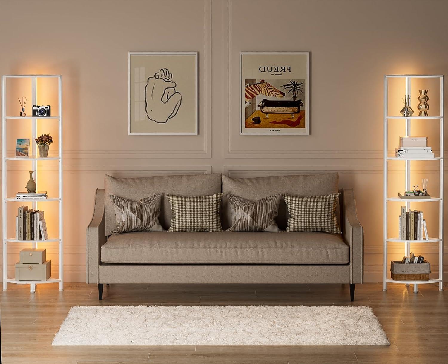 imageFurnulem 6 Tier Corner Shelf with LED Light 675 Tall Standing Shelf Organizer White Narrow Bookshelf with Storage Rack for Wall Corner Living Room Bedroom Metal Frame Wood Display ShelfWhite