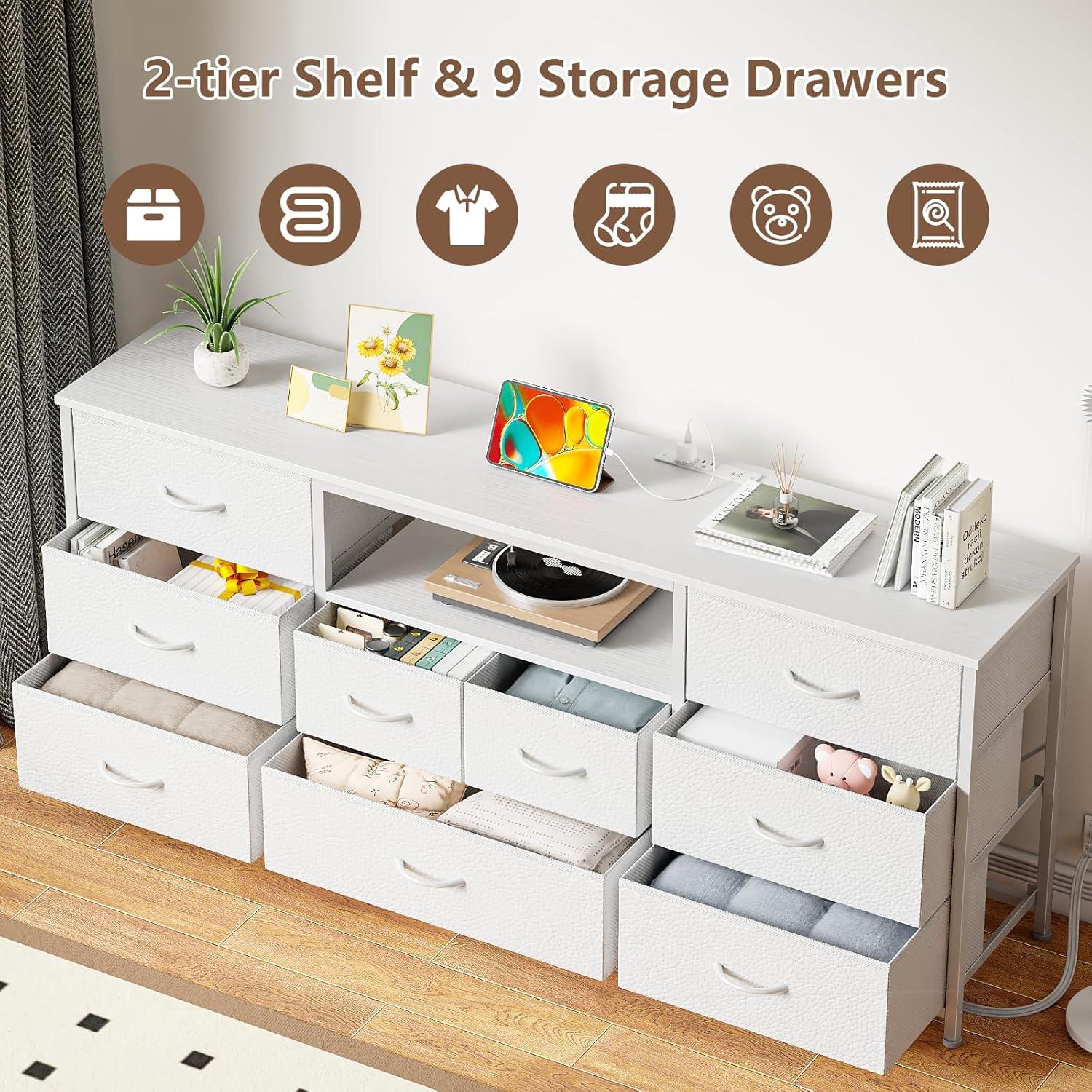 imageFurnulem 9 Drawer Dresser 63 Long TV Stand for Bedroom Entertainment Center with Power Outlet ampamp LED Light for 65quot75quot TV Black Dresser with Fabric Storage Drawers for ClosetWhite