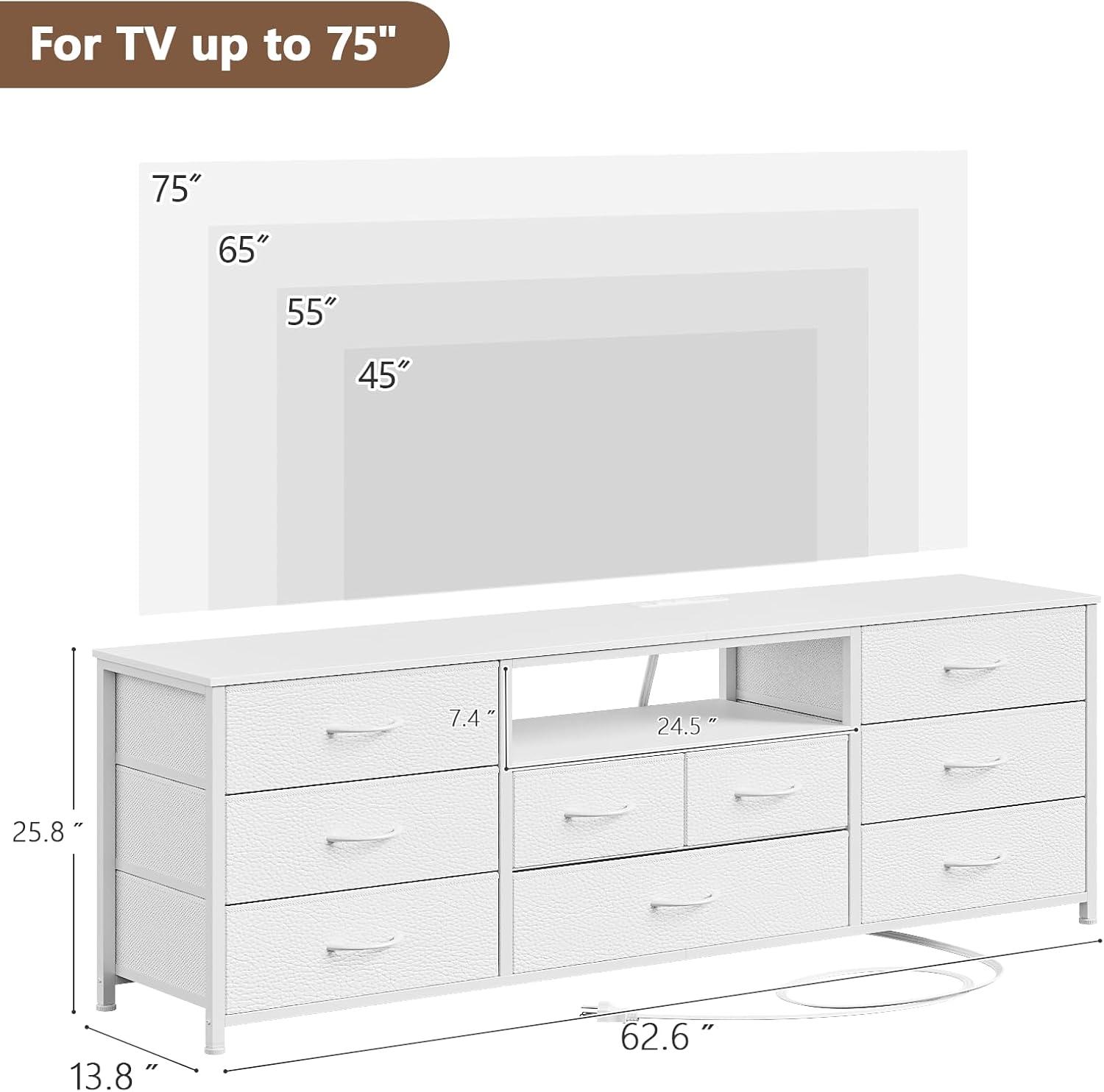 imageFurnulem 9 Drawer Dresser 63 Long TV Stand for Bedroom Entertainment Center with Power Outlet ampamp LED Light for 65quot75quot TV Black Dresser with Fabric Storage Drawers for ClosetWhite