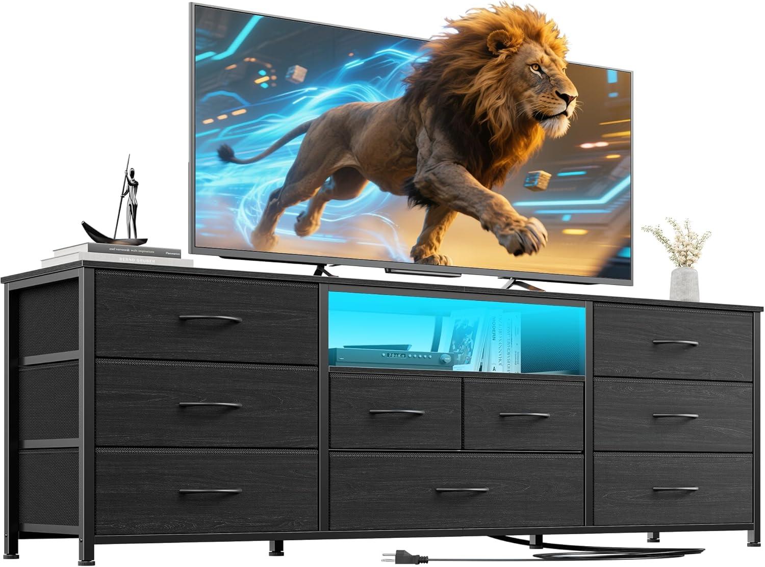 imageFurnulem 9 Drawer Dresser 63 Long TV Stand for Bedroom Entertainment Center with Power Outlet ampamp LED Light for 65quot75quot TV Black Dresser with Fabric Storage Drawers for ClosetBlack Oak