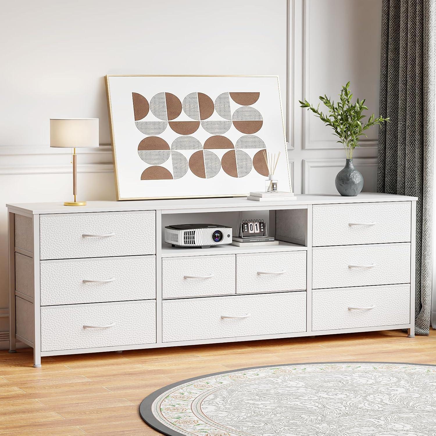 imageFurnulem 9 Drawer Dresser 63 Long TV Stand for Bedroom Entertainment Center with Power Outlet ampamp LED Light for 65quot75quot TV Black Dresser with Fabric Storage Drawers for ClosetWhite