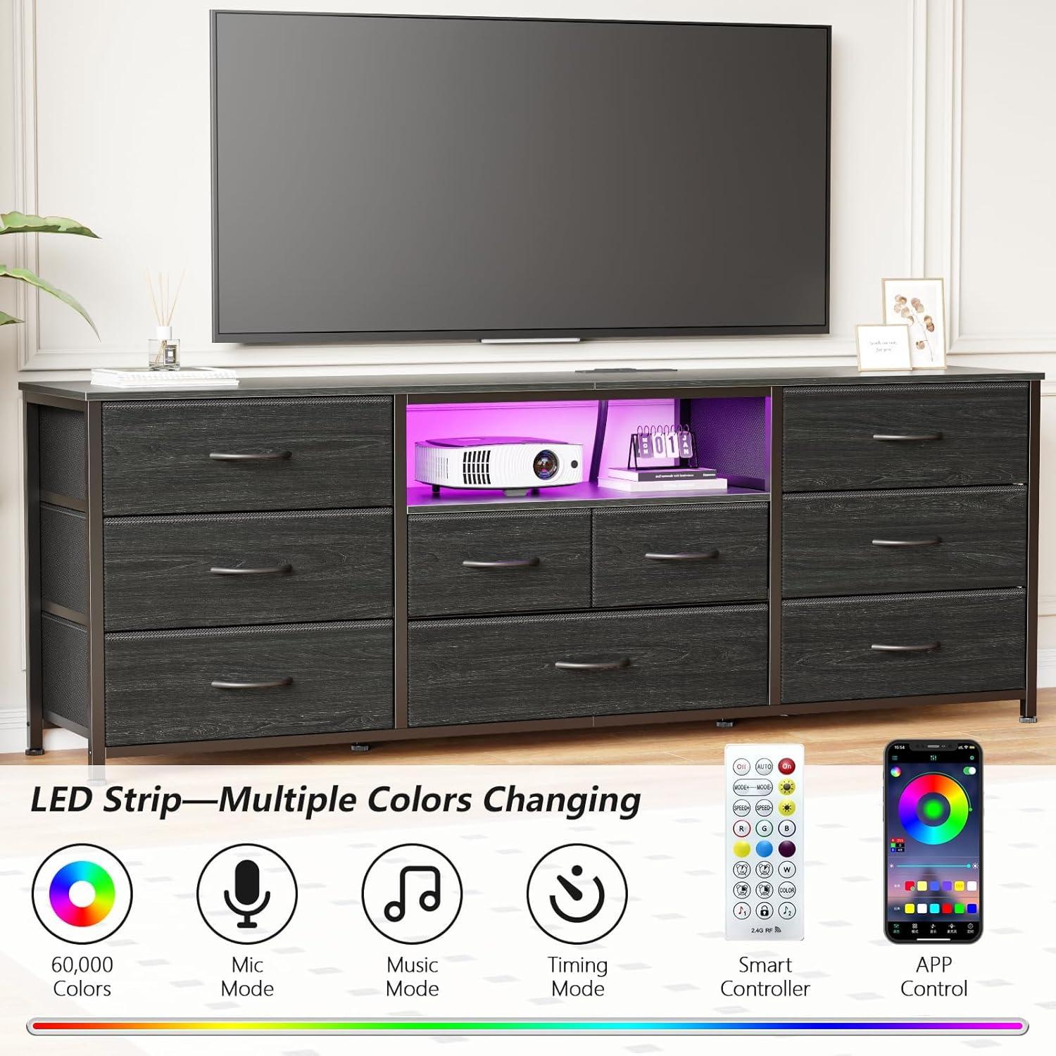 imageFurnulem 9 Drawer Dresser 63 Long TV Stand for Bedroom Entertainment Center with Power Outlet ampamp LED Light for 65quot75quot TV Black Dresser with Fabric Storage Drawers for ClosetBlack Oak
