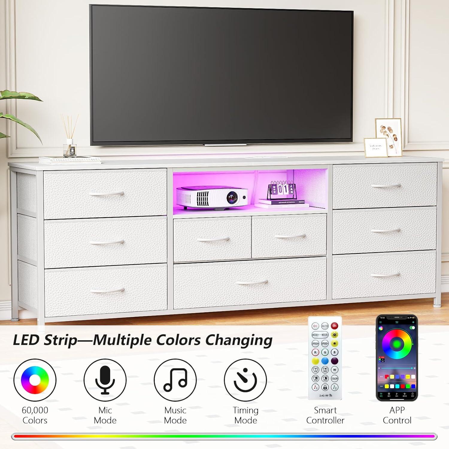 imageFurnulem 9 Drawer Dresser 63 Long TV Stand for Bedroom Entertainment Center with Power Outlet ampamp LED Light for 65quot75quot TV Black Dresser with Fabric Storage Drawers for ClosetWhite
