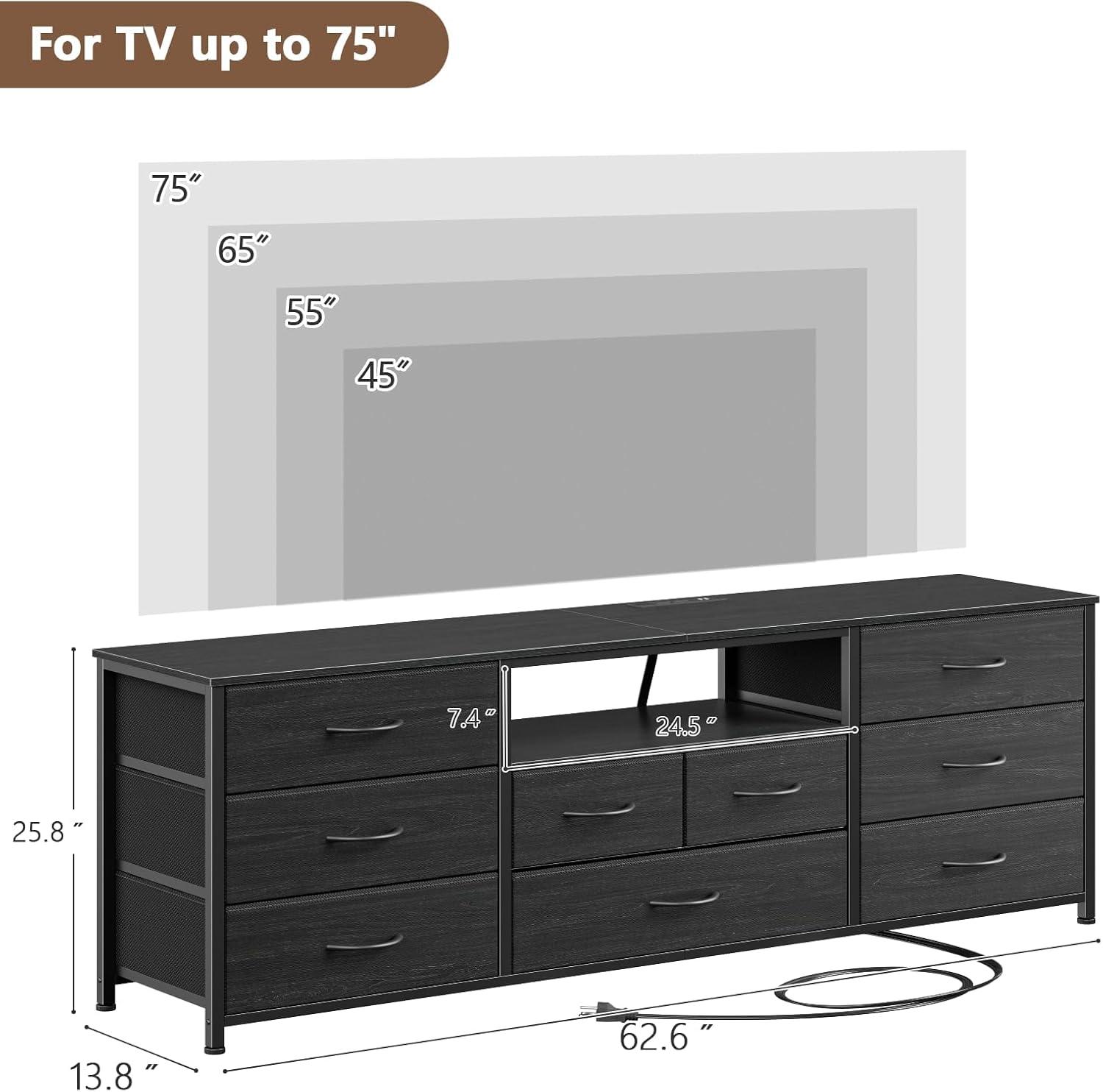 imageFurnulem 9 Drawer Dresser 63 Long TV Stand for Bedroom Entertainment Center with Power Outlet ampamp LED Light for 65quot75quot TV Black Dresser with Fabric Storage Drawers for ClosetBlack Oak