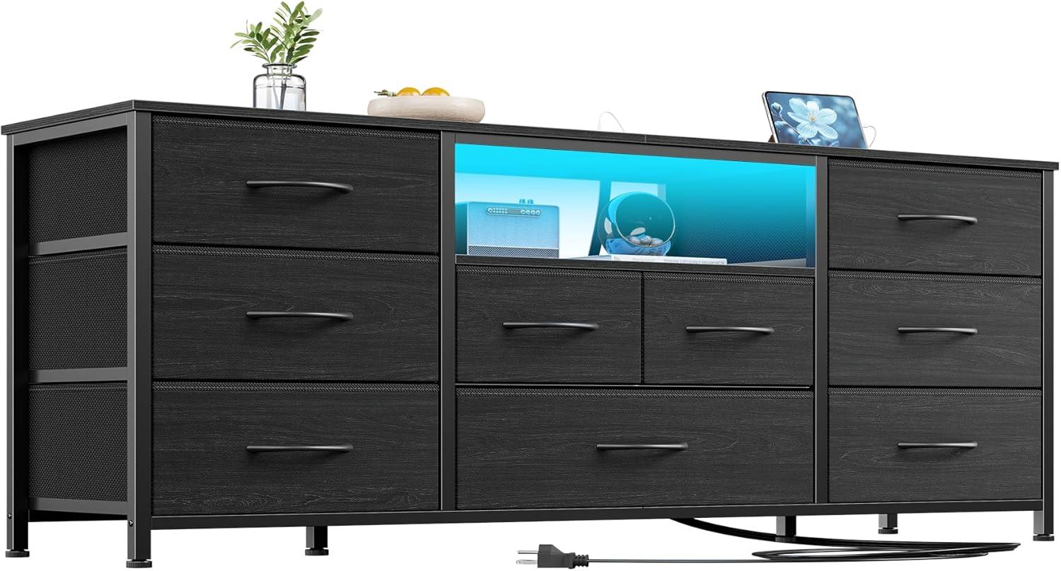 imageFurnulem 9 Drawer Dresser 63 Long TV Stand for Bedroom Entertainment Center with Power Outlet ampamp LED Light for 65quot75quot TV Black Dresser with Fabric Storage Drawers for ClosetBlack Oak