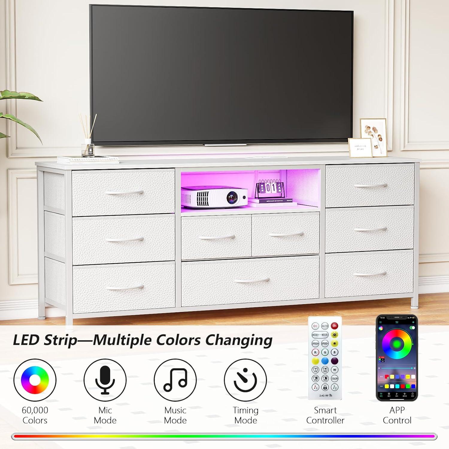 imageFurnulem 9 Drawer Dresser 63 Long TV Stand for Bedroom Entertainment Center with Power Outlet ampamp LED Light for 65quot75quot TV Black Dresser with Fabric Storage Drawers for ClosetWhite
