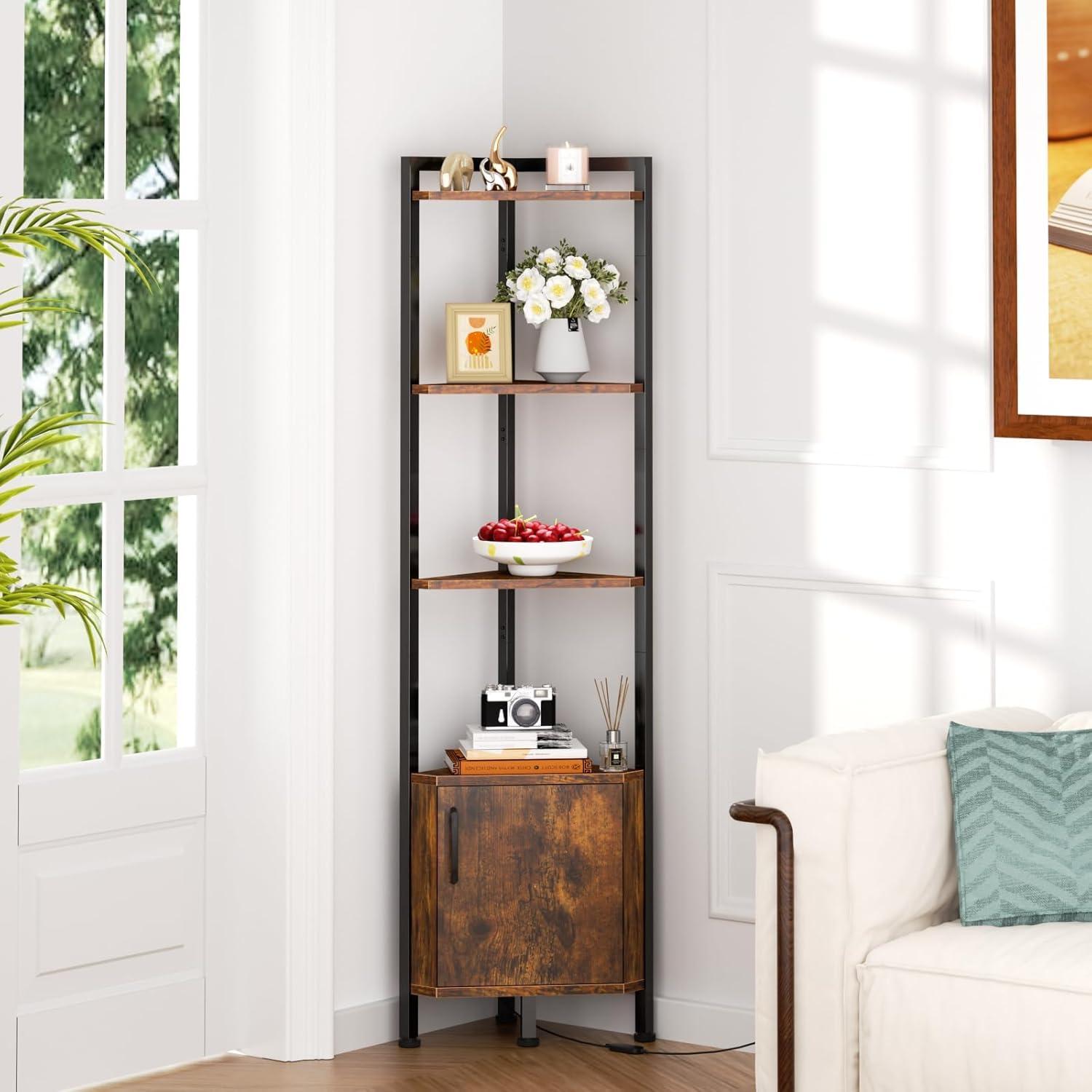 imageFurnulem Corner Shelf5Tier Corner Cabinet with Storage and LED Light 628 Standing Display Bookshelf for Bedroom Living Room Kitchen Wood Display Shelf Rustic BrownRustic Brown