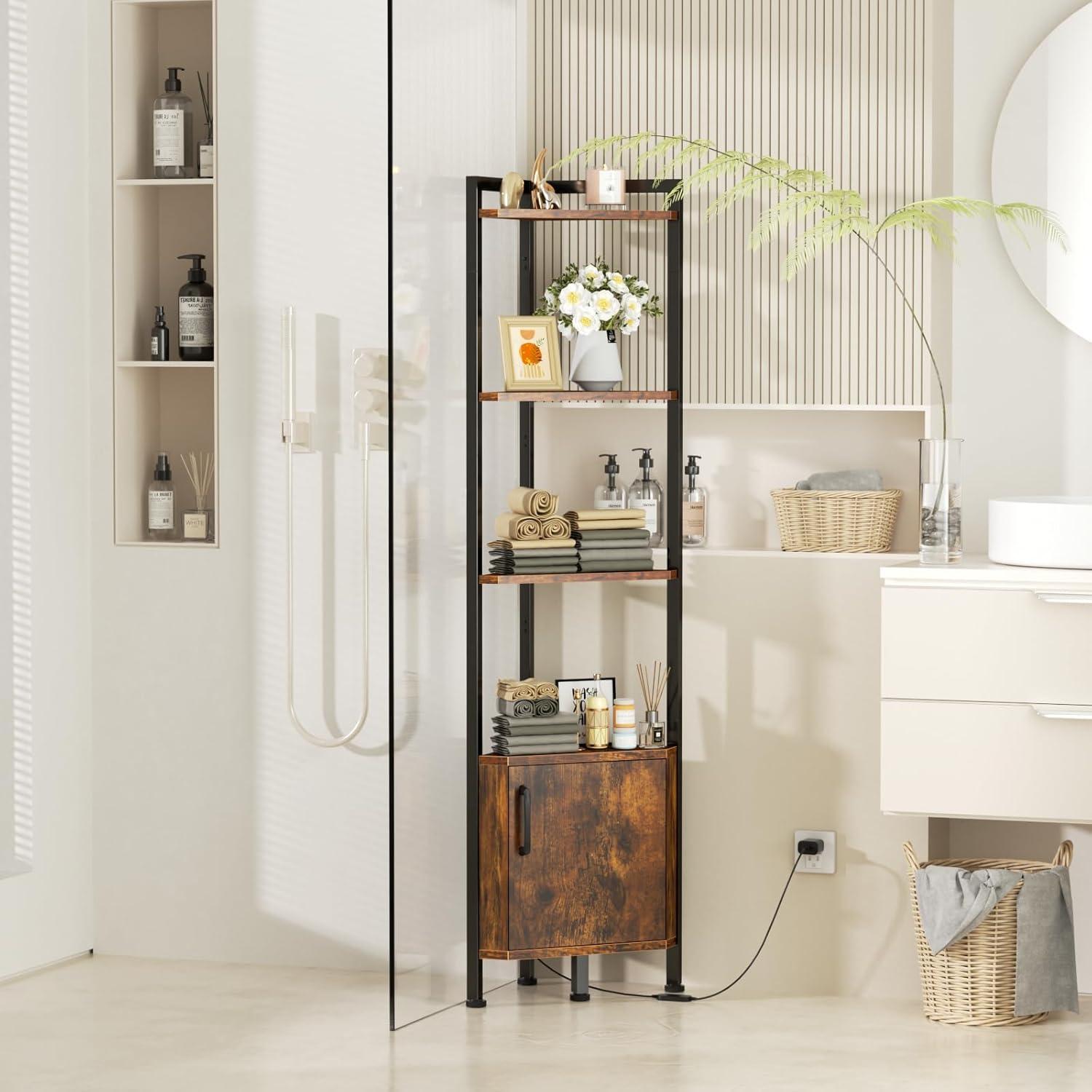 imageFurnulem Corner Shelf5Tier Corner Cabinet with Storage and LED Light 628 Standing Display Bookshelf for Bedroom Living Room Kitchen Wood Display Shelf Rustic BrownRustic Brown