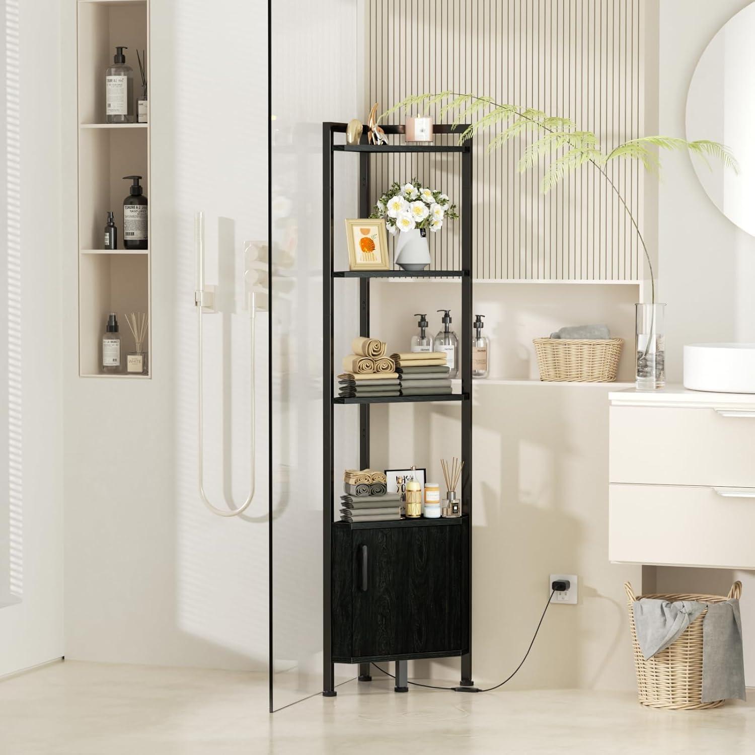 imageFurnulem Corner Shelf5Tier Corner Cabinet with Storage and LED Light 628 Standing Display Bookshelf for Bedroom Living Room Kitchen Wood Display Shelf Rustic BrownBlack Oak