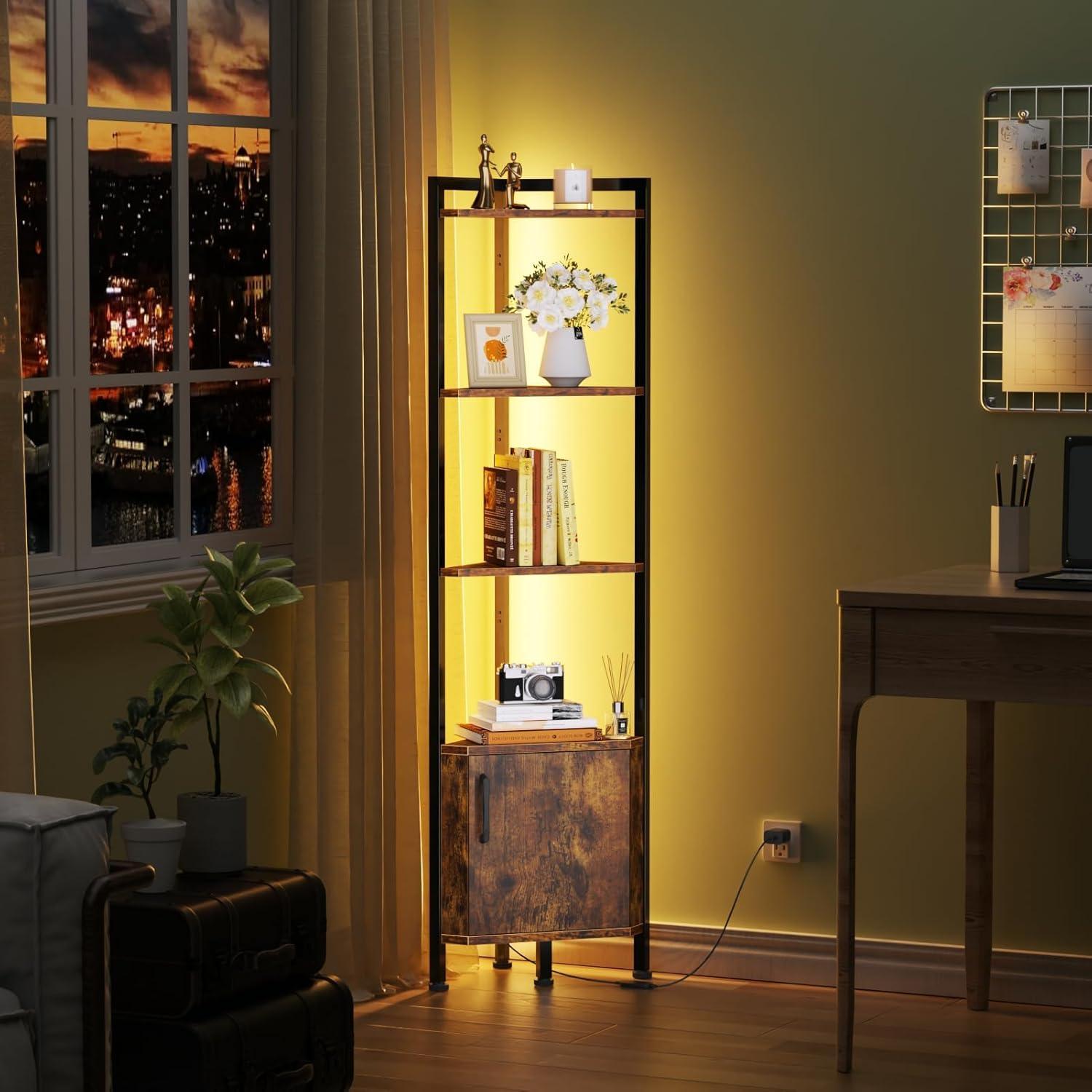 imageFurnulem Corner Shelf5Tier Corner Cabinet with Storage and LED Light 628 Standing Display Bookshelf for Bedroom Living Room Kitchen Wood Display Shelf Rustic BrownRustic Brown