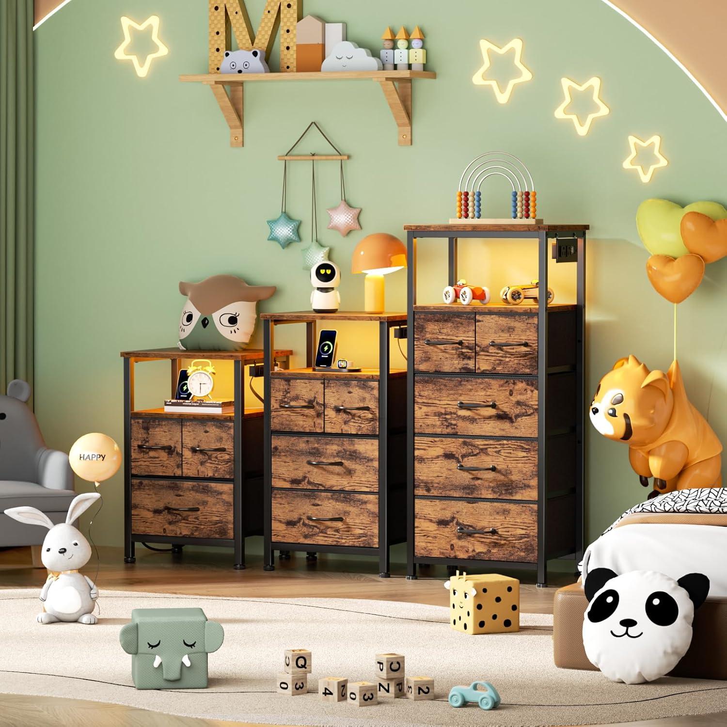 imageFurnulem Dresser for Bedroom Tall Nightstand Vertical Chest with Wood Top Charging Station LED Lights 5 Fabric Bins Bedside Table with Shelf Furniture for Entryway 5 Drawer Rustic BrownRustic Brown