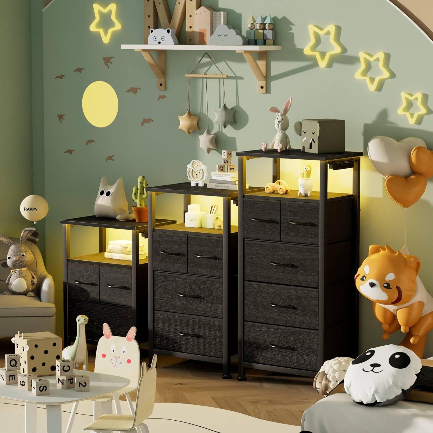 imageFurnulem Dresser for Bedroom Tall Nightstand Vertical Chest with Wood Top Charging Station LED Lights 5 Fabric Bins Bedside Table with Shelf Furniture for Entryway 5 Drawer Rustic BrownBlack Oak