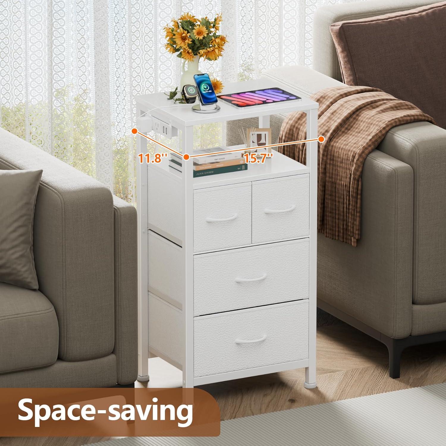 imageFurnulem Dresser for Bedroom Tall Nightstand Vertical Chest with Wood Top Charging Station LED Lights 5 Fabric Bins Bedside Table with Shelf Furniture for Entryway 5 Drawer Rustic BrownWhite