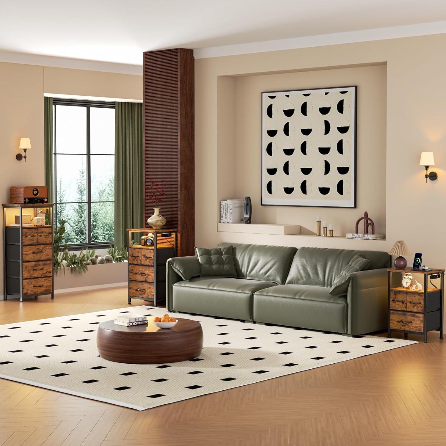 imageFurnulem Dresser for Bedroom Tall Nightstand Vertical Chest with Wood Top Charging Station LED Lights 5 Fabric Bins Bedside Table with Shelf Furniture for Entryway 5 Drawer Rustic BrownRustic Brown