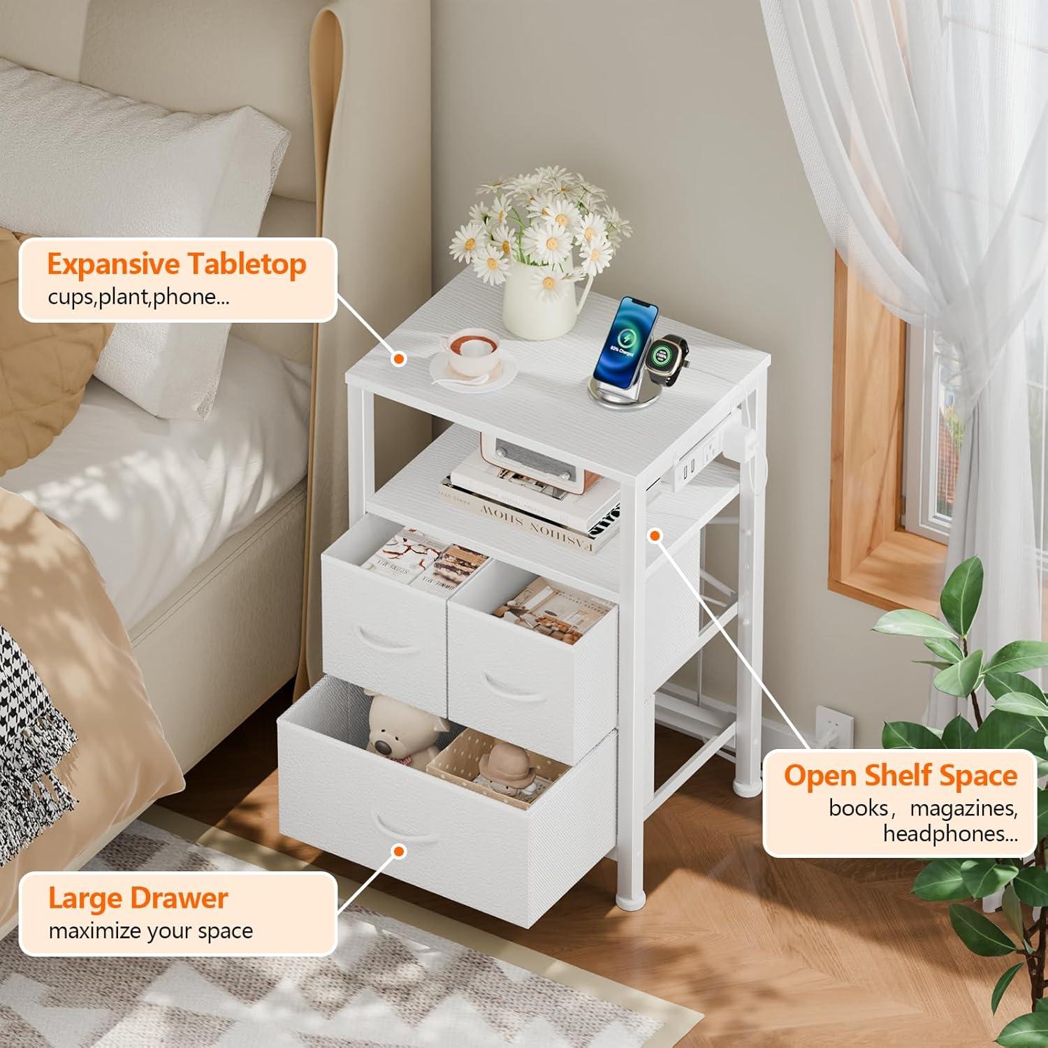 imageFurnulem Dresser for Bedroom Tall Nightstand Vertical Chest with Wood Top Charging Station LED Lights 5 Fabric Bins Bedside Table with Shelf Furniture for Entryway 5 Drawer Rustic BrownWhite