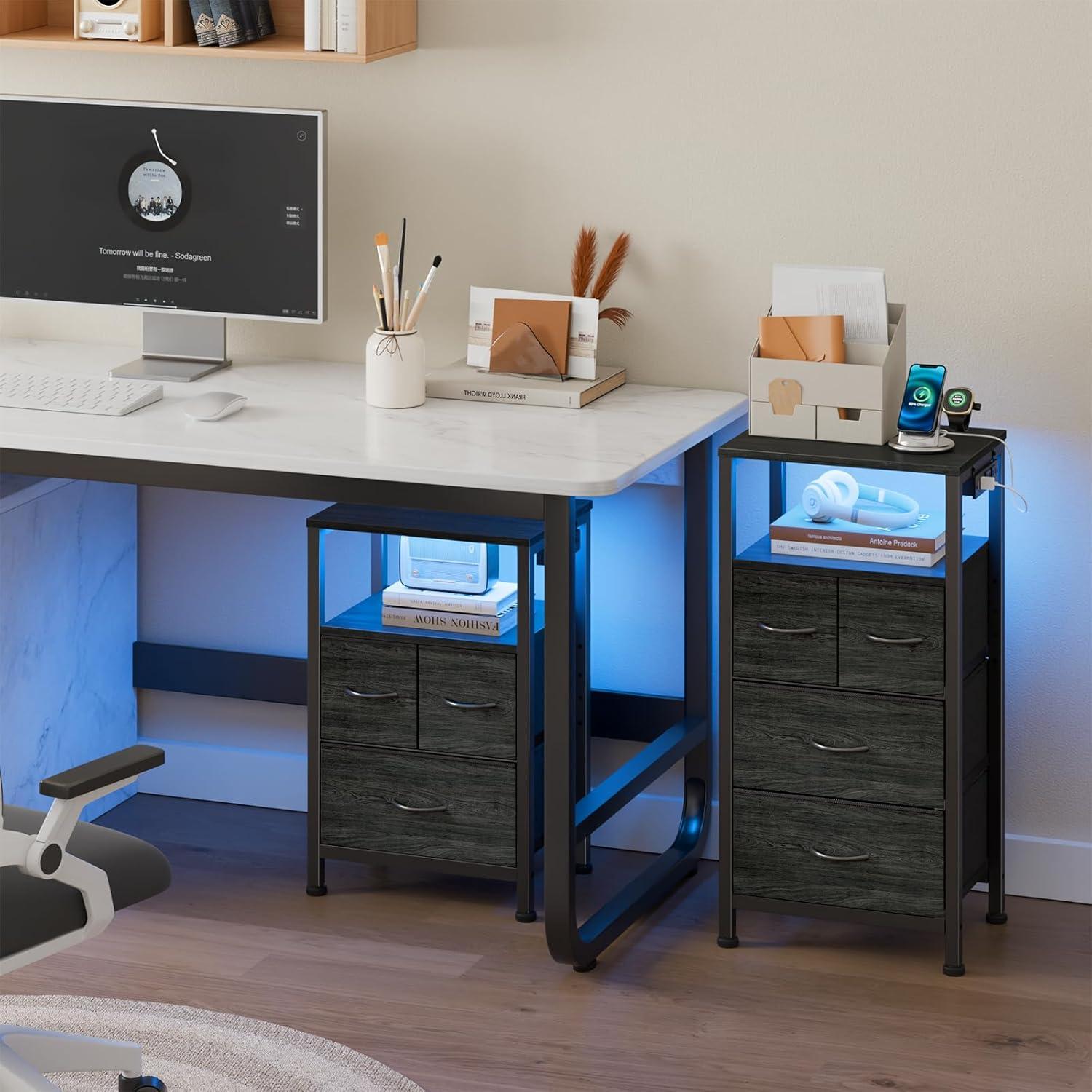 imageFurnulem Dresser for Bedroom Tall Nightstand Vertical Chest with Wood Top Charging Station LED Lights 5 Fabric Bins Bedside Table with Shelf Furniture for Entryway 5 Drawer Rustic BrownBlack Oak