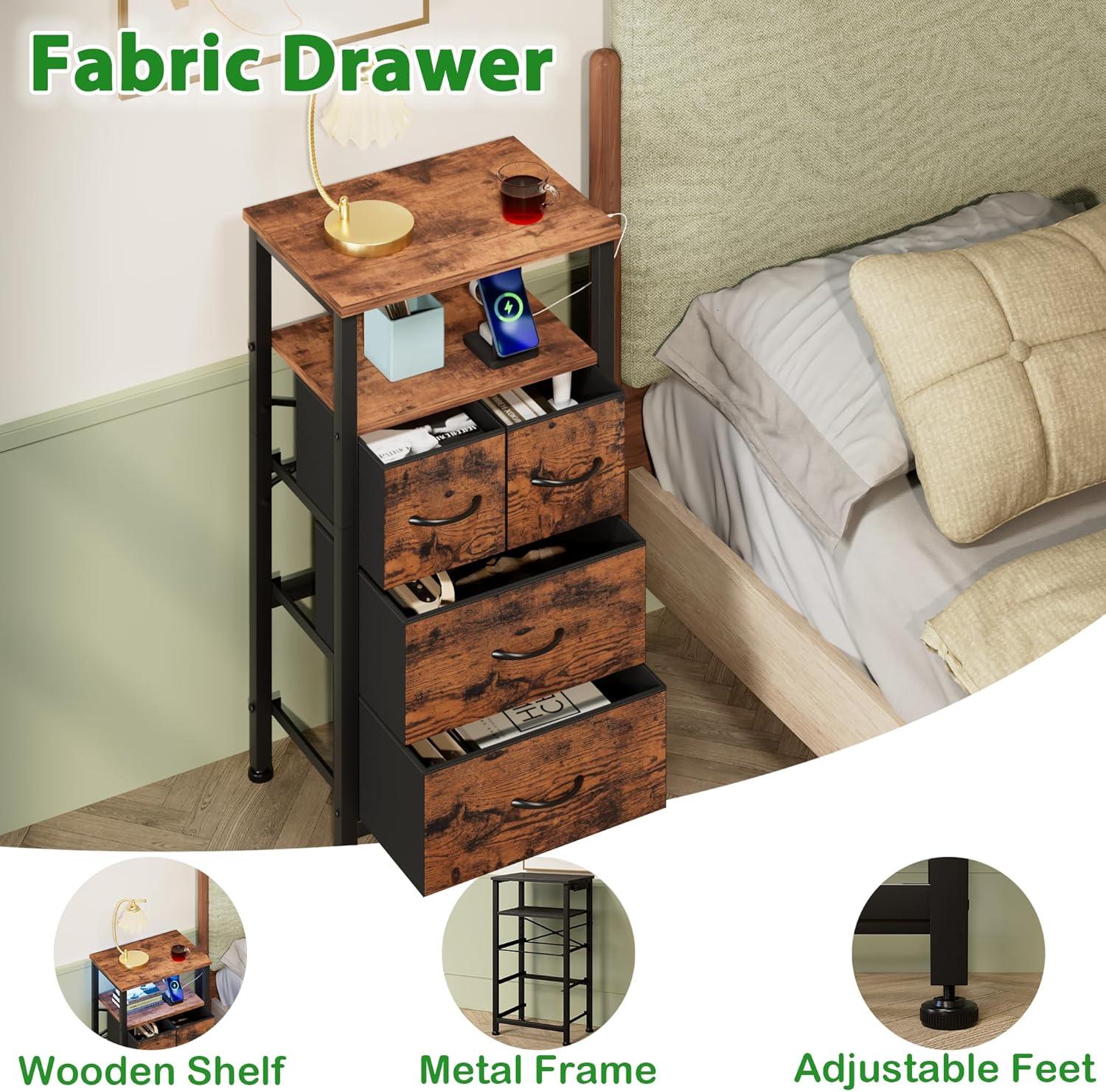 imageFurnulem Dresser for Bedroom Tall Nightstand Vertical Chest with Wood Top Charging Station LED Lights 5 Fabric Bins Bedside Table with Shelf Furniture for Entryway 5 Drawer Rustic BrownRustic Brown