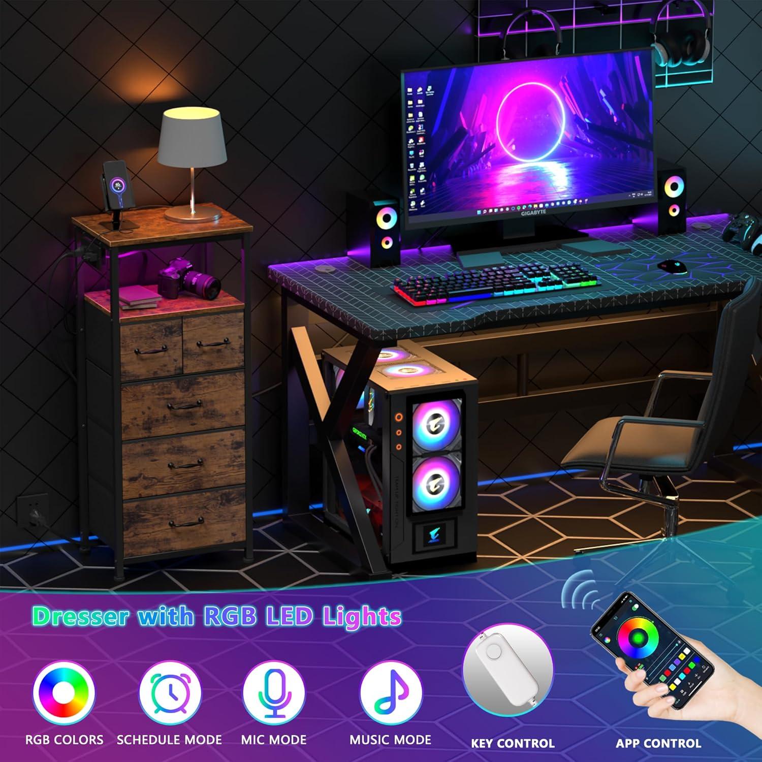 imageFurnulem Dresser for Bedroom Tall Nightstand Vertical Chest with Wood Top Charging Station LED Lights 5 Fabric Bins Bedside Table with Shelf Furniture for Entryway 5 Drawer Rustic BrownRustic Brown