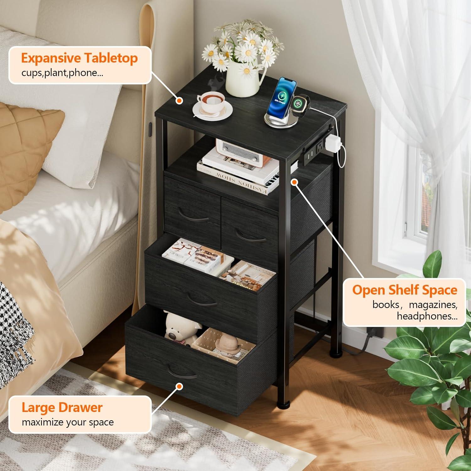 imageFurnulem Dresser for Bedroom Tall Nightstand Vertical Chest with Wood Top Charging Station LED Lights 5 Fabric Bins Bedside Table with Shelf Furniture for Entryway 5 Drawer Rustic BrownBlack Oak