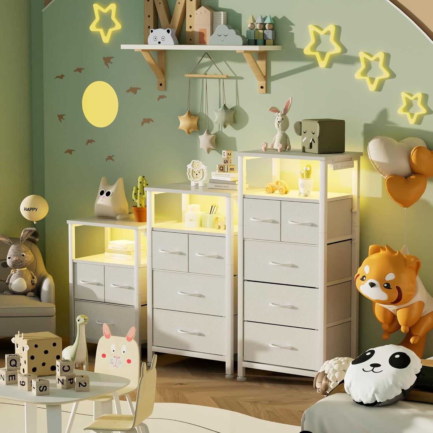 imageFurnulem Dresser for Bedroom Tall Nightstand Vertical Chest with Wood Top Charging Station LED Lights 5 Fabric Bins Bedside Table with Shelf Furniture for Entryway 5 Drawer Rustic BrownWhite