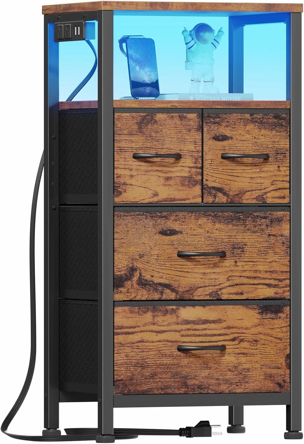 imageFurnulem Dresser for Bedroom Tall Nightstand Vertical Chest with Wood Top Charging Station LED Lights 5 Fabric Bins Bedside Table with Shelf Furniture for Entryway 5 Drawer Rustic BrownRustic Brown