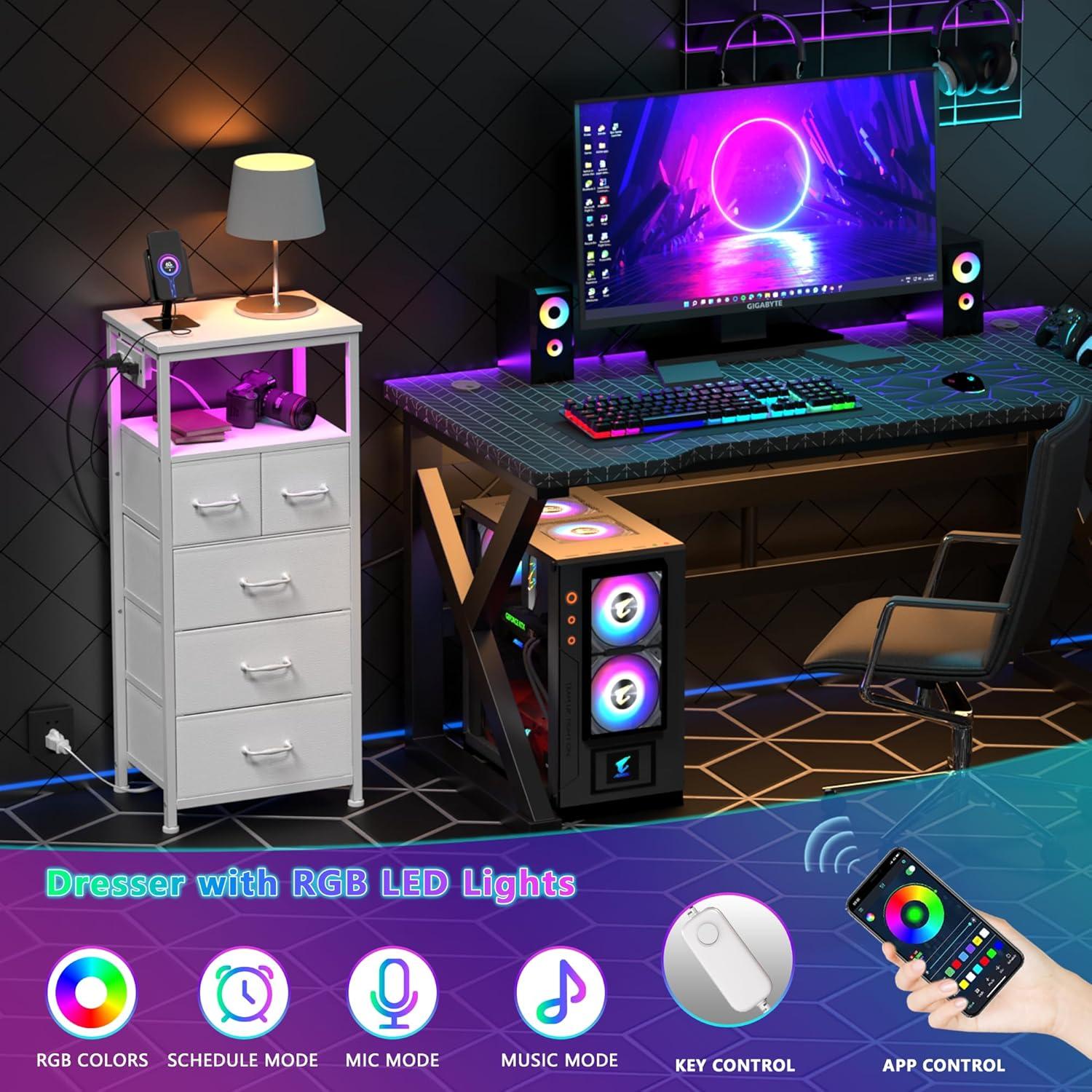 imageFurnulem Dresser for Bedroom Tall Nightstand Vertical Chest with Wood Top Charging Station LED Lights 5 Fabric Bins Bedside Table with Shelf Furniture for Entryway 5 Drawer Rustic BrownWhite