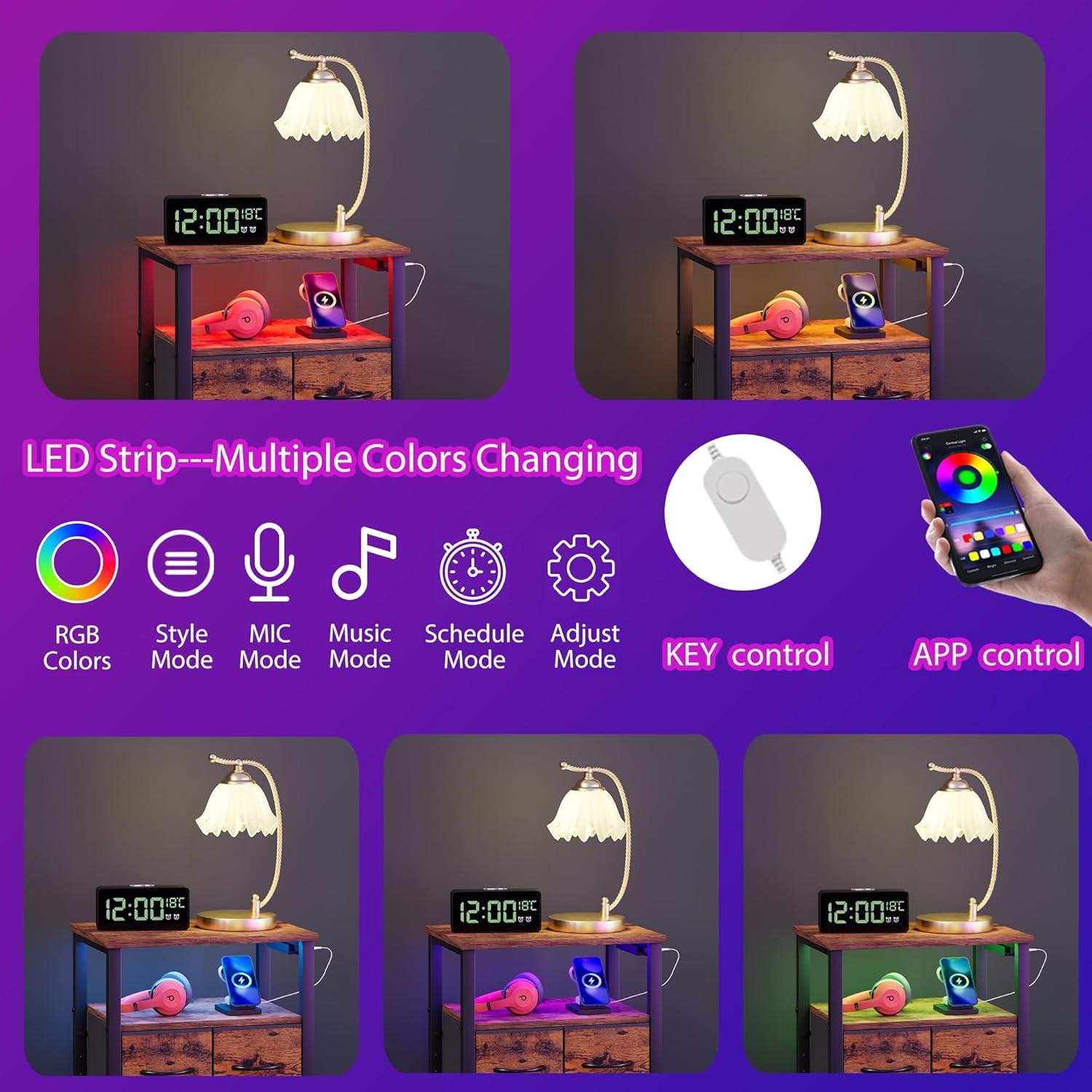 imageFurnulem Dresser for Bedroom Tall Nightstand Vertical Chest with Wood Top Charging Station LED Lights 5 Fabric Bins Bedside Table with Shelf Furniture for Entryway 5 Drawer Rustic BrownRustic Brown