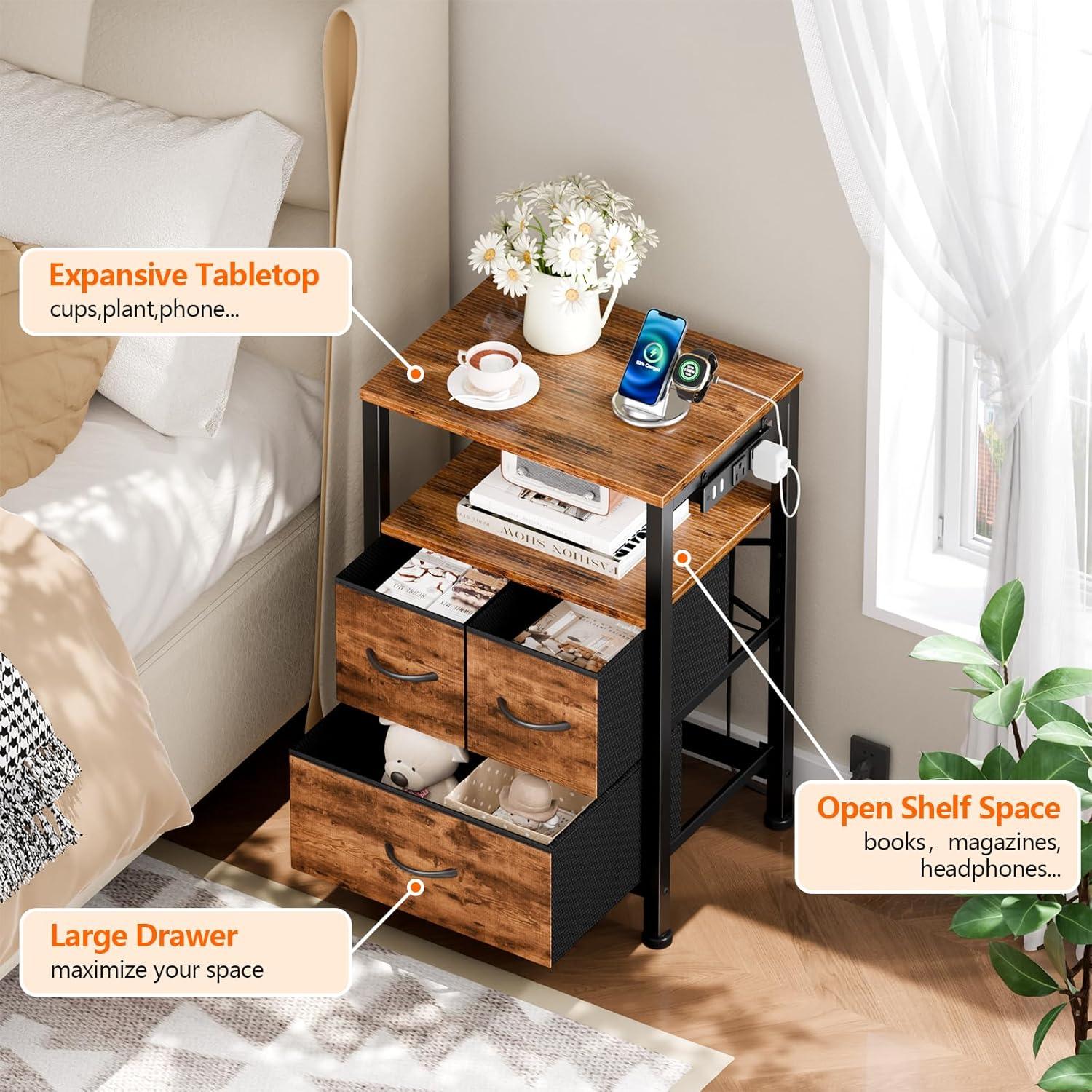 imageFurnulem Dresser for Bedroom Tall Nightstand Vertical Chest with Wood Top Charging Station LED Lights 5 Fabric Bins Bedside Table with Shelf Furniture for Entryway 5 Drawer Rustic BrownRustic Brown