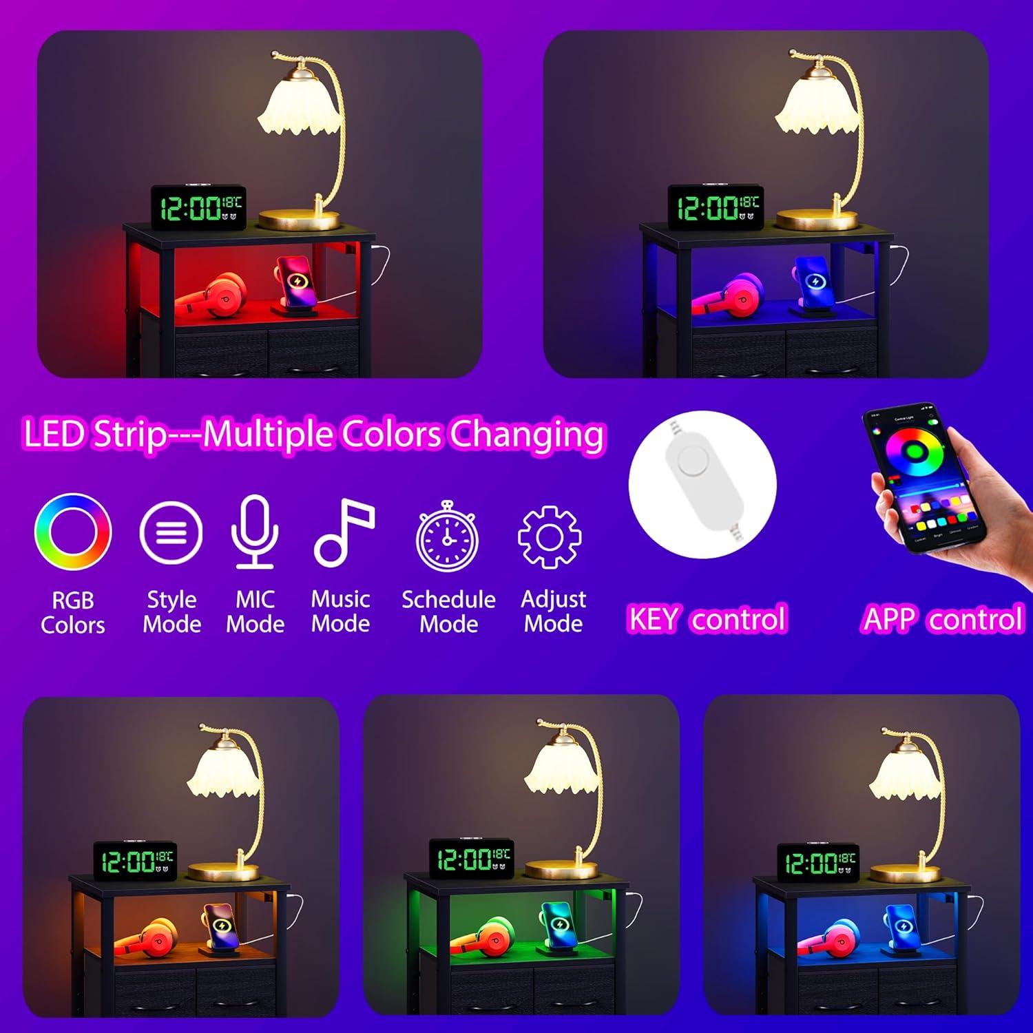 imageFurnulem Dresser for Bedroom Tall Nightstand Vertical Chest with Wood Top Charging Station LED Lights 5 Fabric Bins Bedside Table with Shelf Furniture for Entryway 5 Drawer Rustic BrownBlack Oak